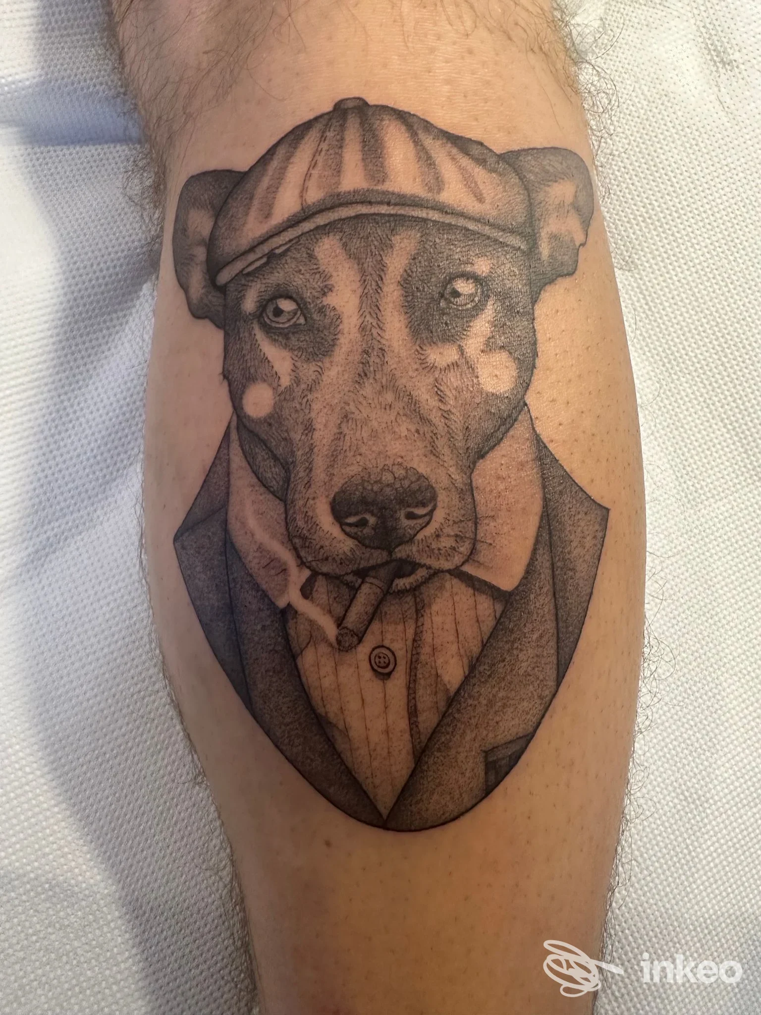 Tatuaggio su pelle raffigurante un cane con berretto e pipa, vestito con giacca e camicia; stile realistico lineart, eseguito da Mélancolie Lab a Monza.