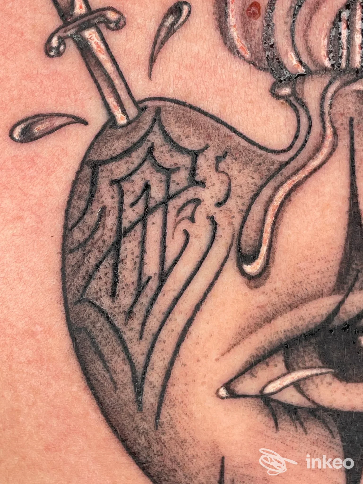 Tattoo raffigurante scudo e spada su pelle, visibile su braccio; parziale visibilità del volto; tatuaggio chiaro e definito, senza elementi di interfaccia sociale. Ambition Ink.
