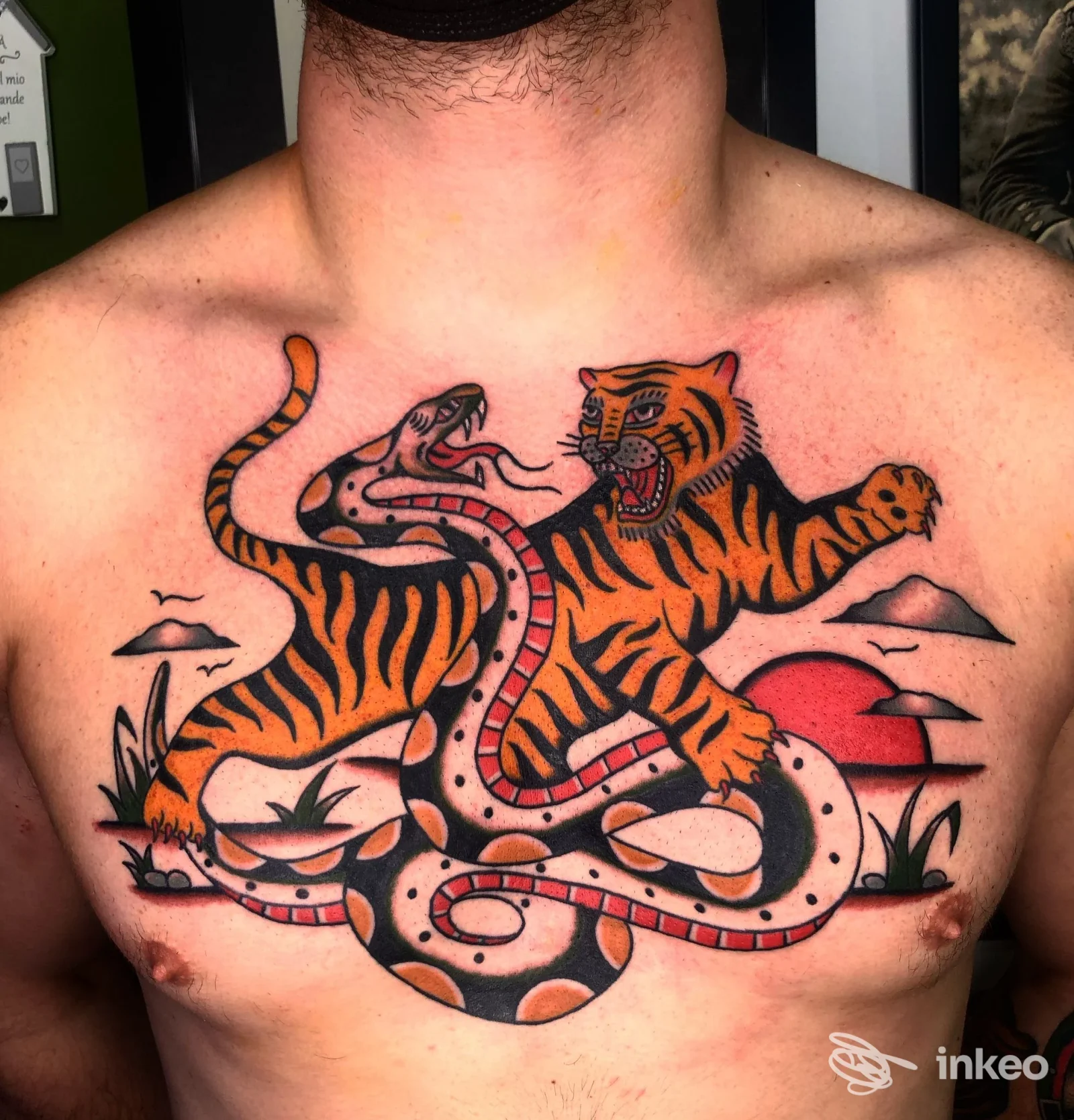 Tatuaggio tradizionale sul petto con una tigre arancione e un serpente intrecciato, realizzato da L'Amatore Tattoo Parlour a Venafro.