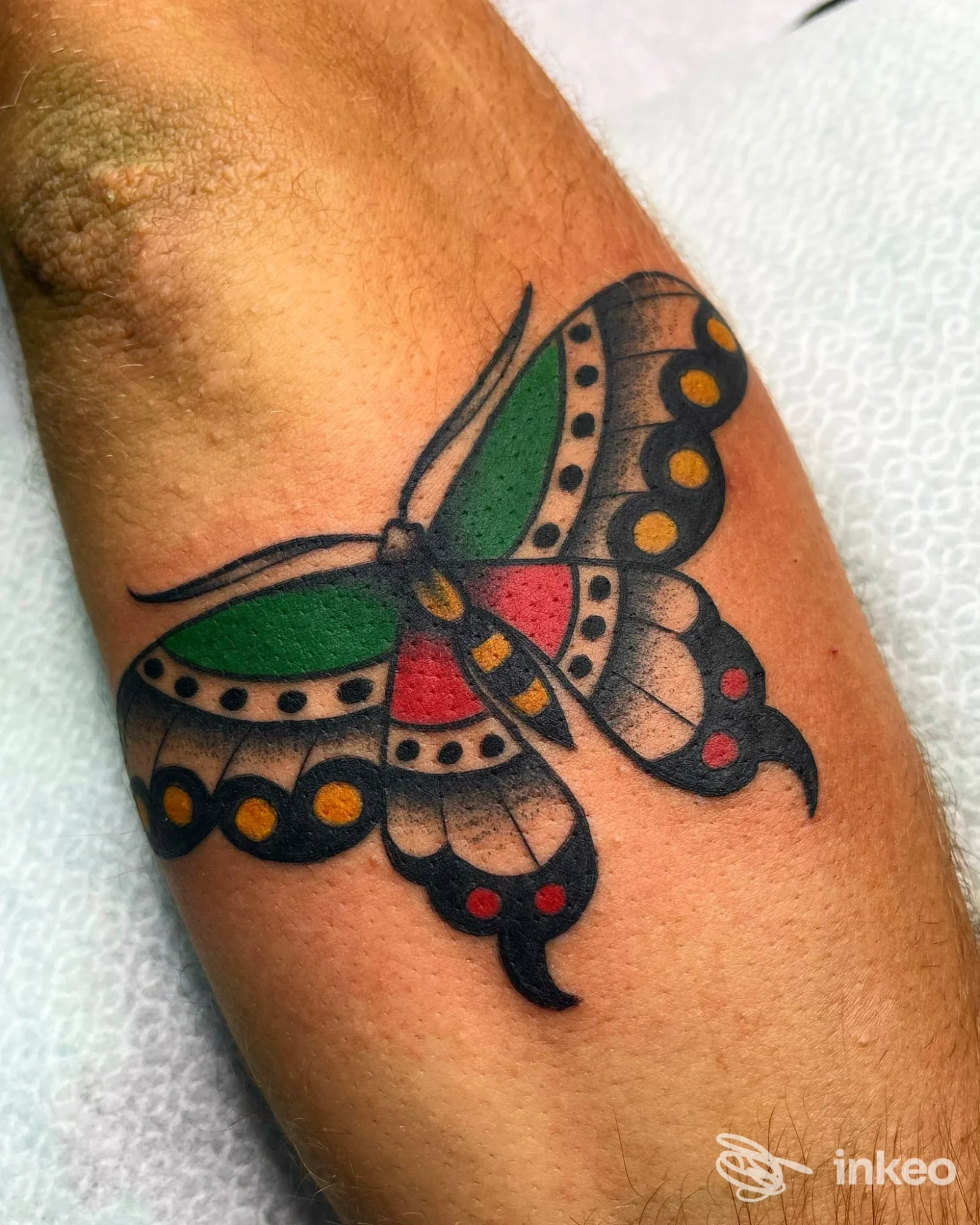 Farfalla in stile tradizionale tatuata sul lato interno dell'avambraccio con colori pieni e contorni netti. L'Amatore Tattoo Parlour, Venafro.