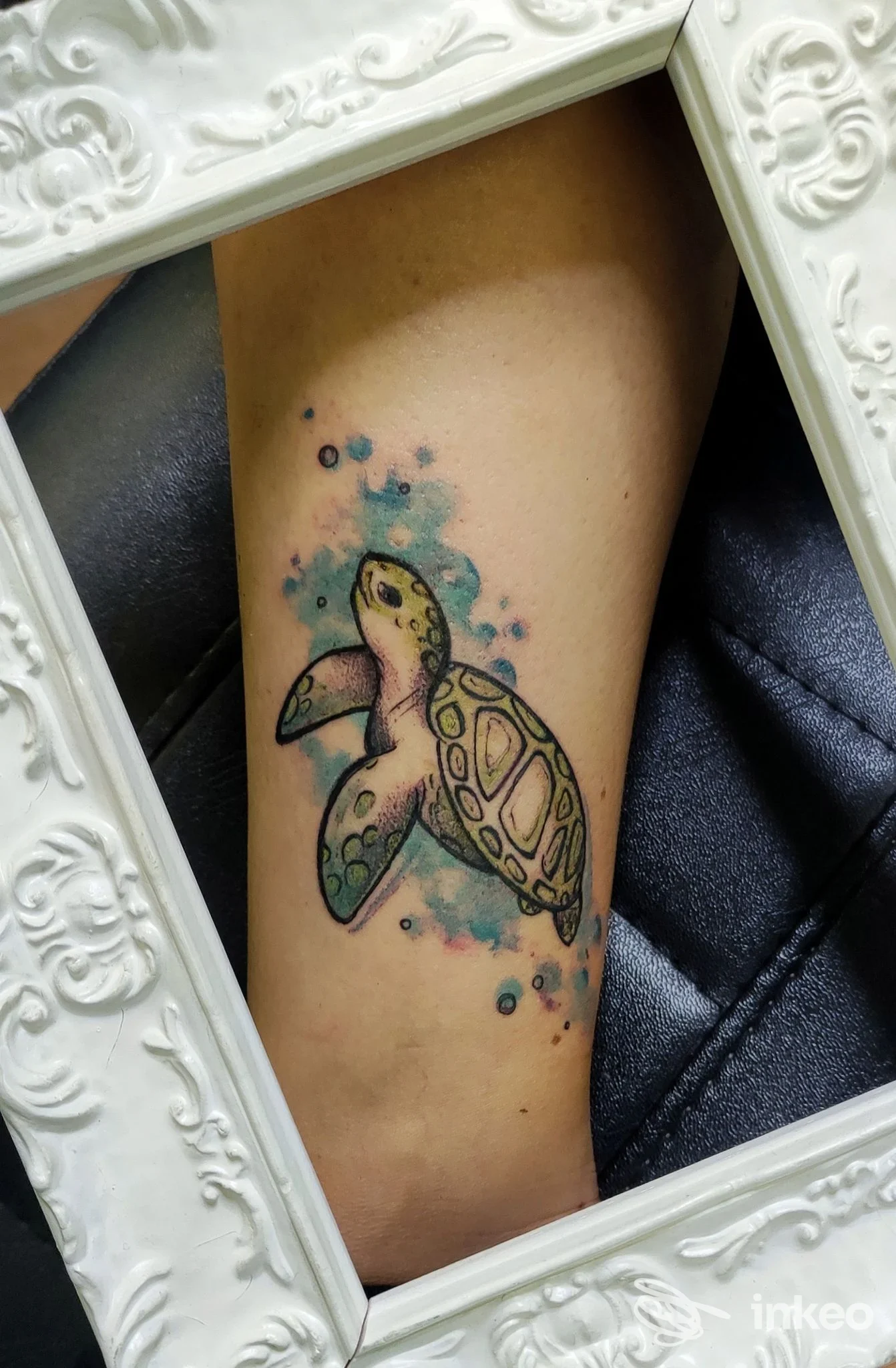 Tatuaggio di una tartaruga colorata sull'avambraccio fotografato per il portfolio di Alpignano Ink, Alpignano.
