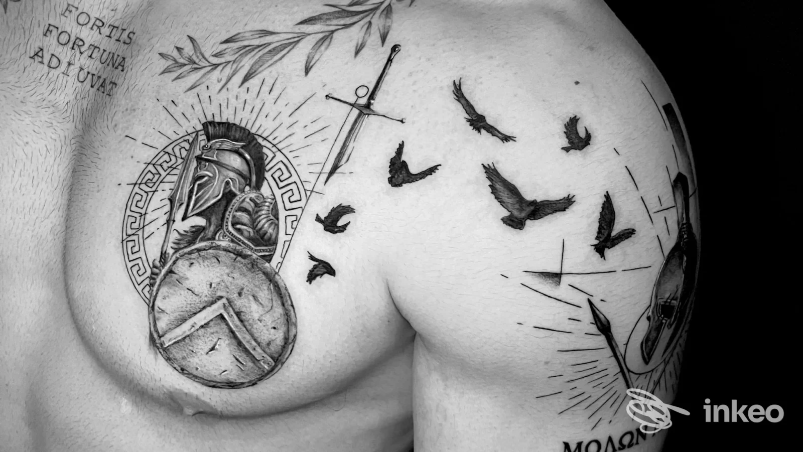 Tatuaggi in bianco e nero sul torace e sulla spalla con elmo, scudo e uccelli in volo; immagine per Djanga Tattoo Studio, Leini.