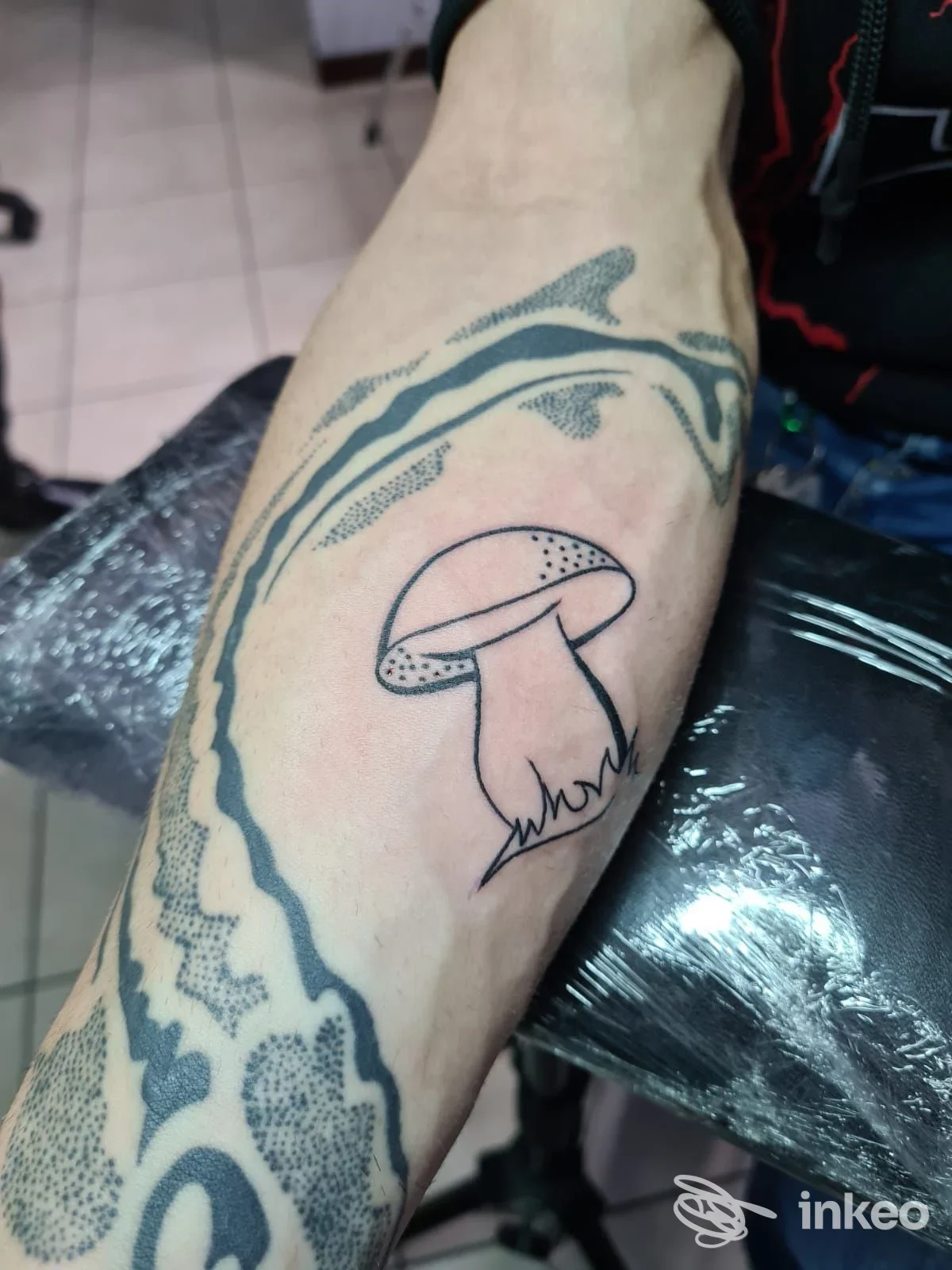 Tatuaggio a fungo in stile linework sull'avambraccio, Etien Tattoo, Ivrea.