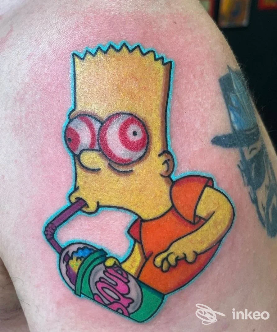 Tatuaggio colorato di Bart Simpson con occhi a spirale sull'avambraccio, realizzato da GEMINI tattoo studio a Chivasso.