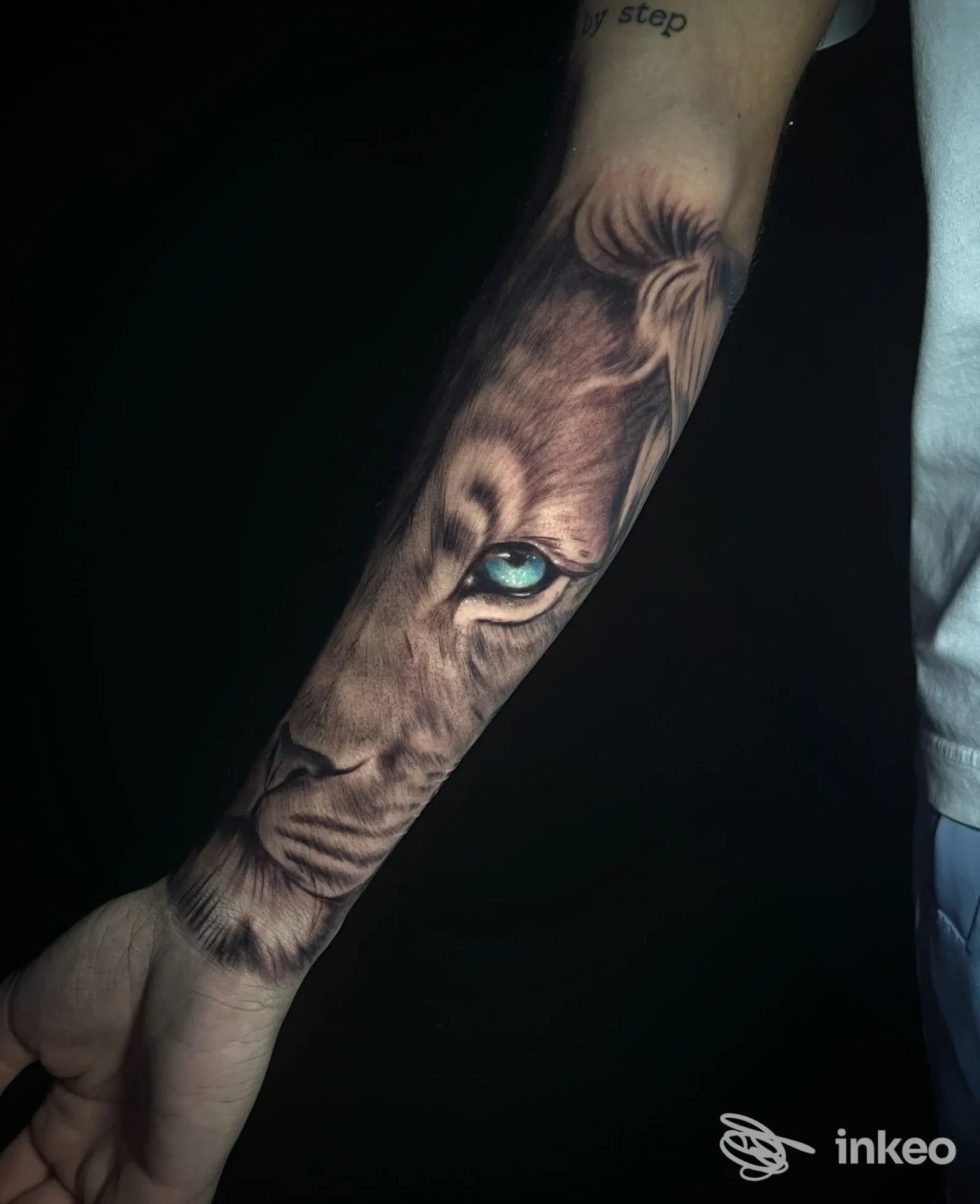 Tatuaggio realistico a Torino: testa di leone sull'avambraccio, foto inviata da Hazard Tattoo Studio.