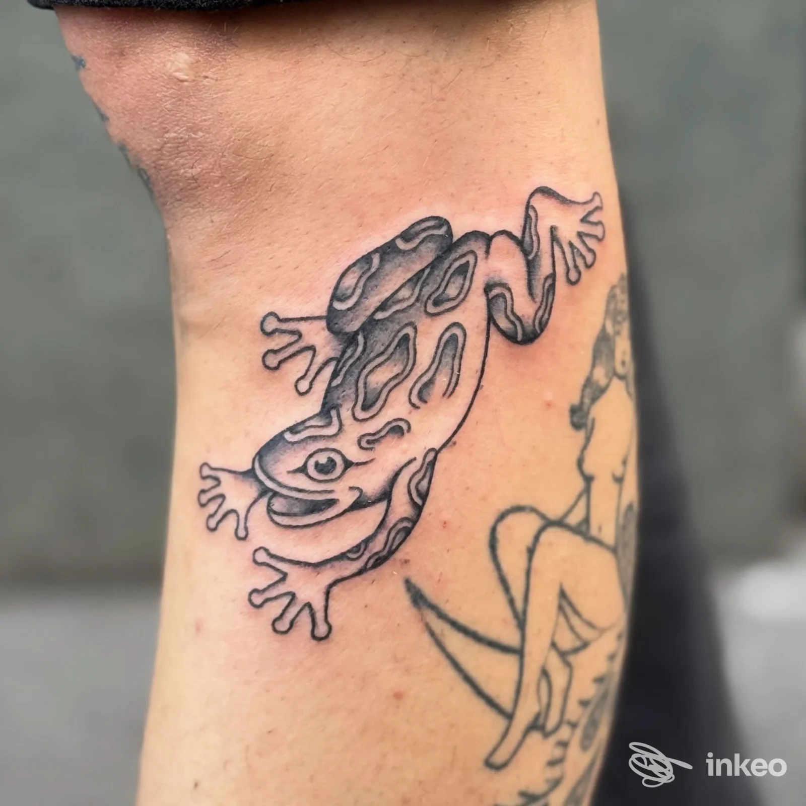 Tatuaggio di una rana stilizzata in nero e sfumature sul polpaccio di una persona, realizzato da HAPAX - Tattoo & Piercing, Torino.