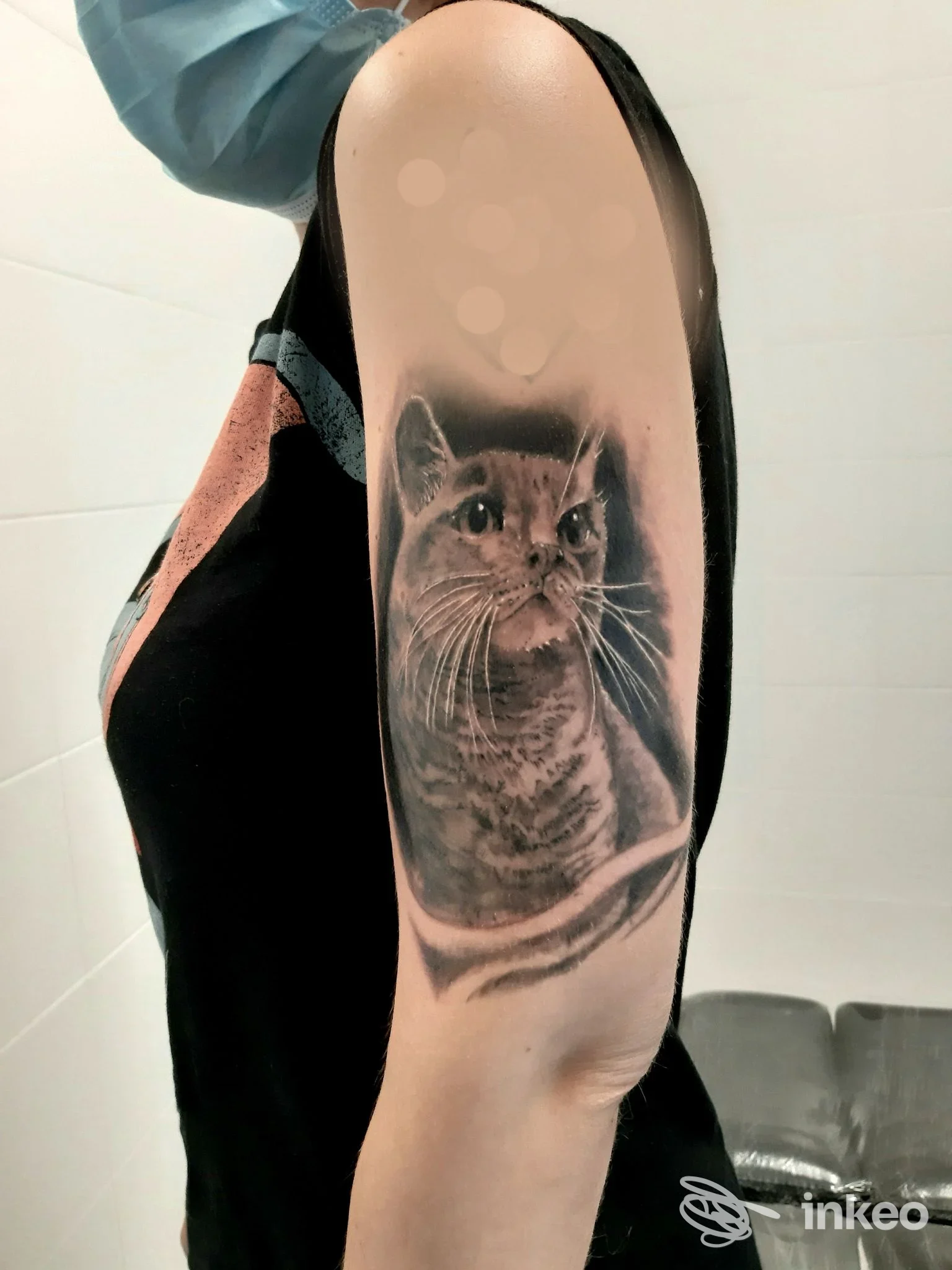 Tatuaggio realistico di un gatto sull'omero, foto realizzata da Greg Tattoo Art Studio a Omegna.