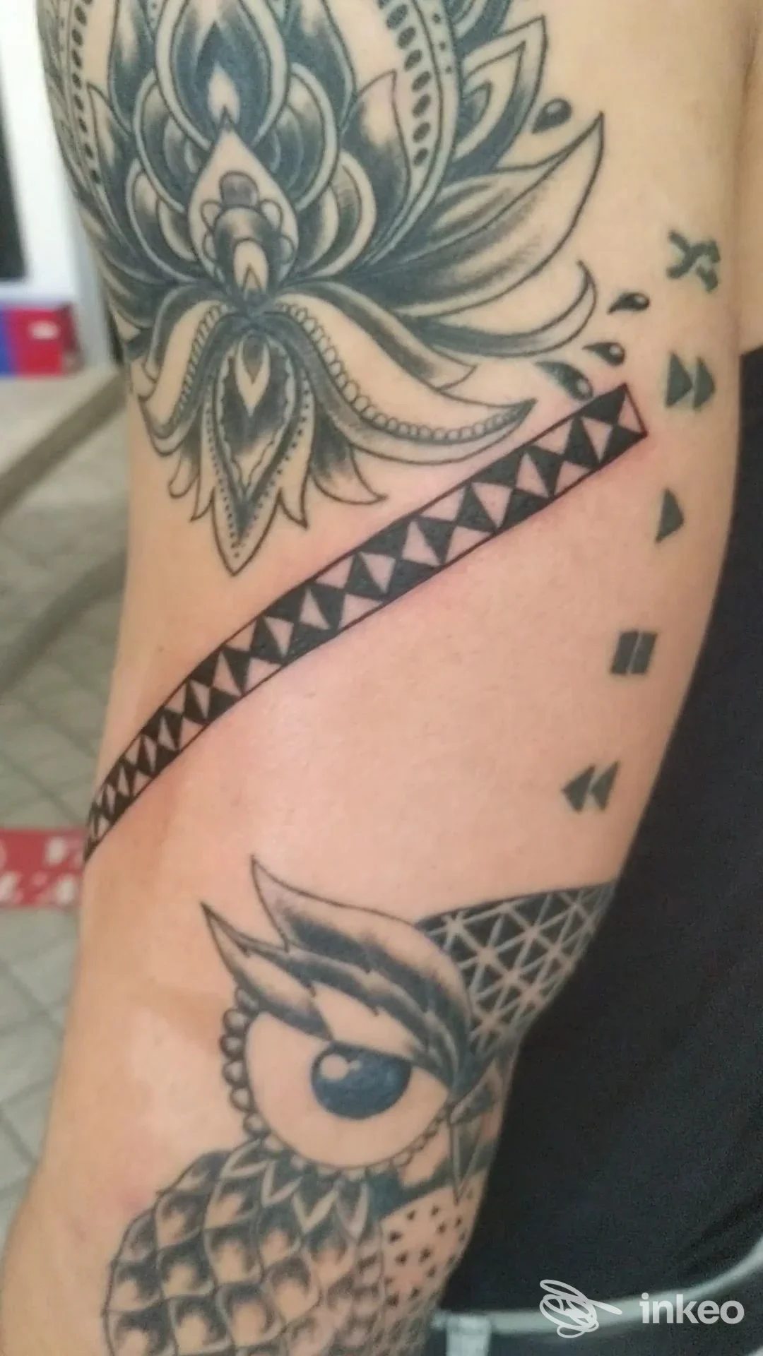 Avambraccio tatuato con mandala, banda geometrica e gufo, foto per Inferno Ink Tattoo & Piercing, Galliate.
