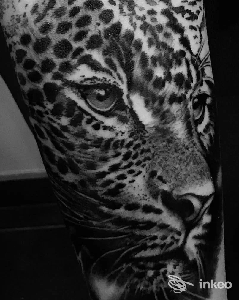 Tatuaggio realistico di un volto di leopardo sull'avambraccio, Kalavera Tattoo Studio, Settimo Torinese.