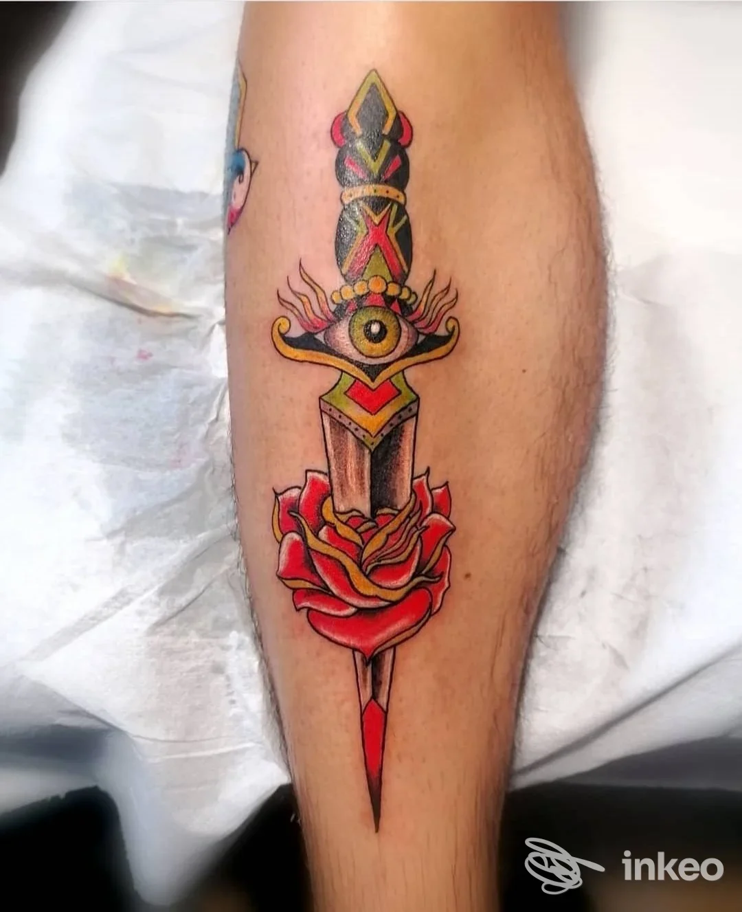 Tatuaggio tradizionale di pugnale, occhio e rosa sul polpaccio, fotografato da Maestri del tattoo studio a Nichelino.