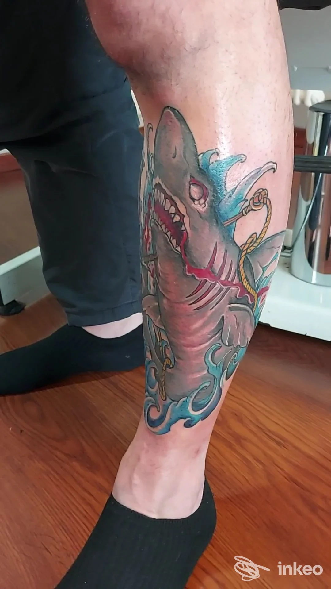 Grande tatuaggio a colori raffigurante uno squalo sul polpaccio destro, fotografato in interno. Motorcycle Tattoo, Mathi.
