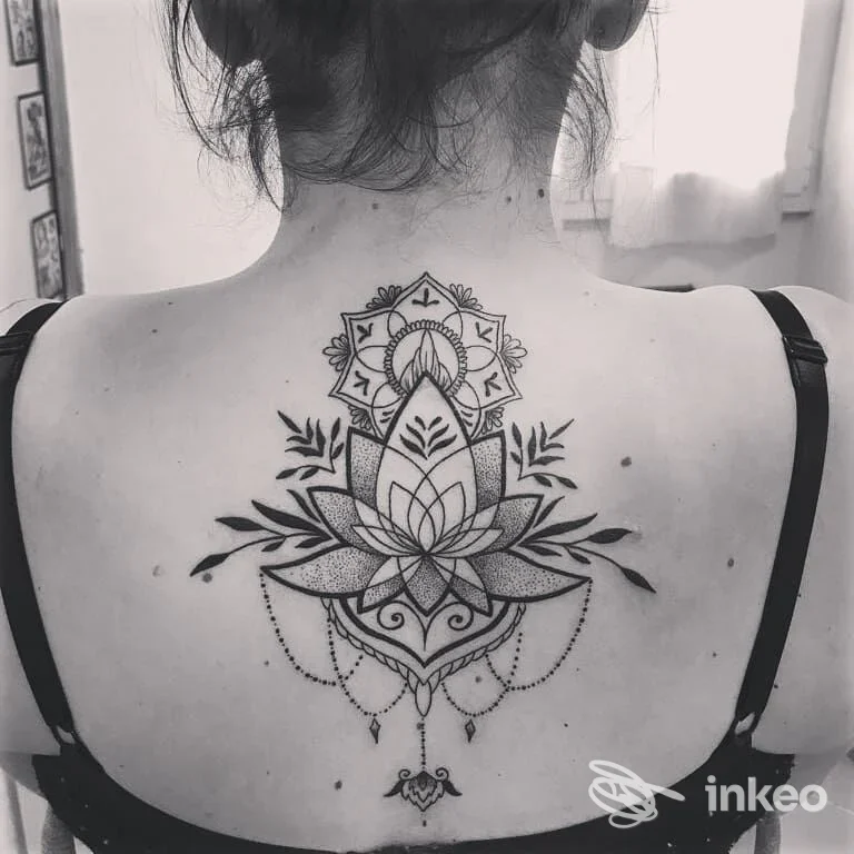 Grande tatuaggio ornamentale a loto sulla parte alta della schiena, foto dallo studio Maxx Tattoo traditional body art di Mondovì.