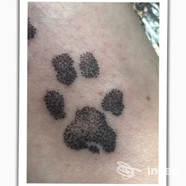 Primo piano di un tatuaggio a puntinismo raffigurante un'impronta di zampa su pelle; foto per portfolio, NgL Tattoo, Biella.