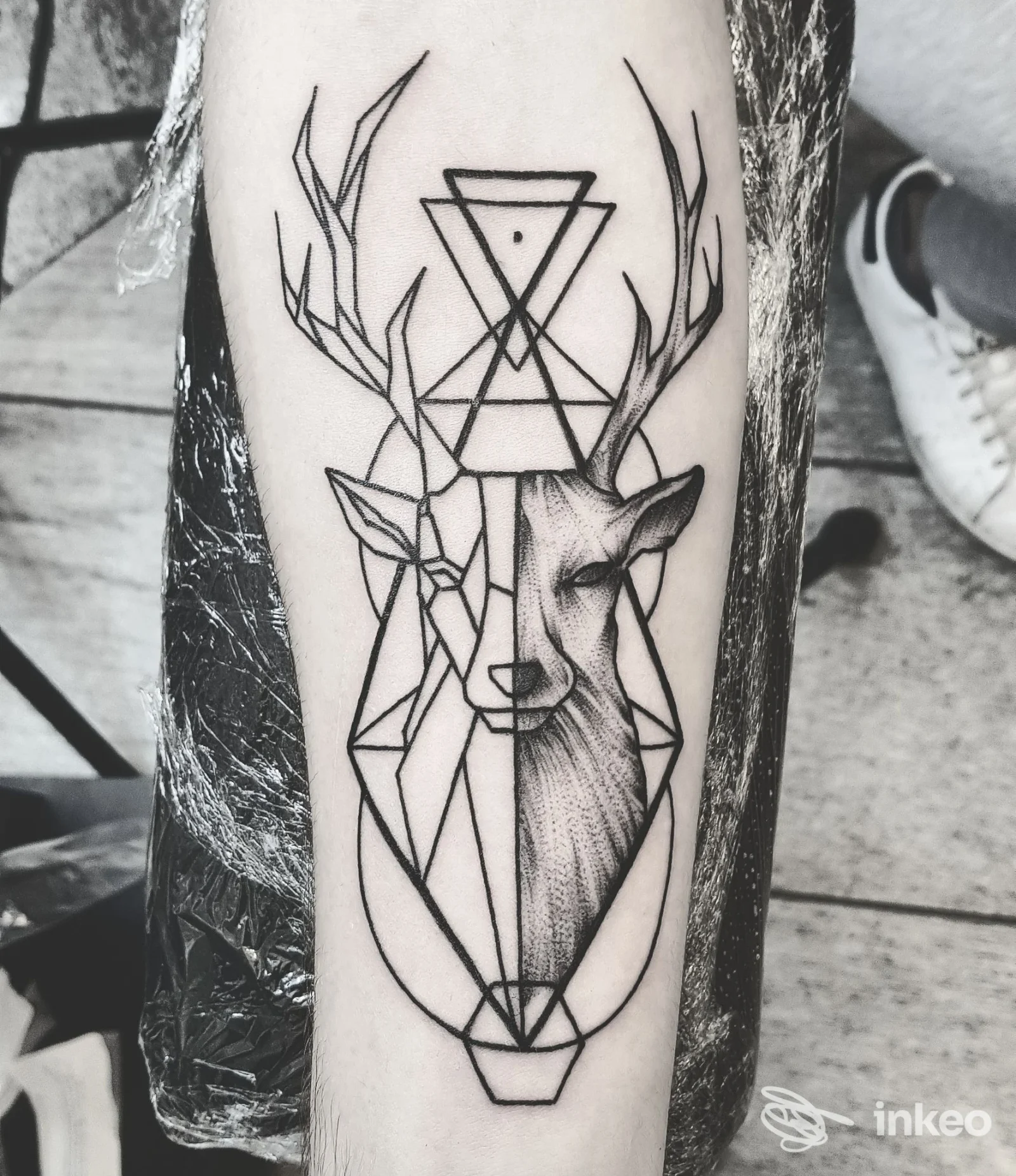 Tatuaggio cervo geometrico e realistico sull'avambraccio, lavoro eseguito da LORSART TATTOO STUDIO a Novara.