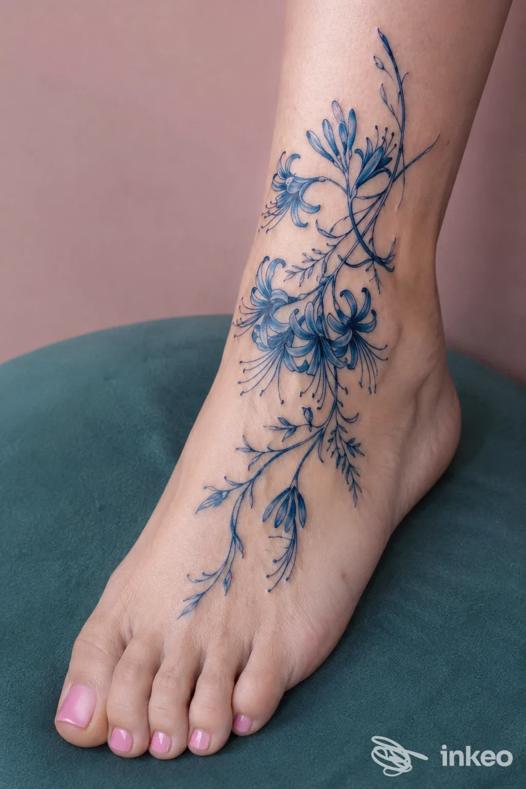 Tatuaggio floreale blu sul dorso del piede e caviglia, foto fornita dallo studio P:InkTattooTorino a Torino.