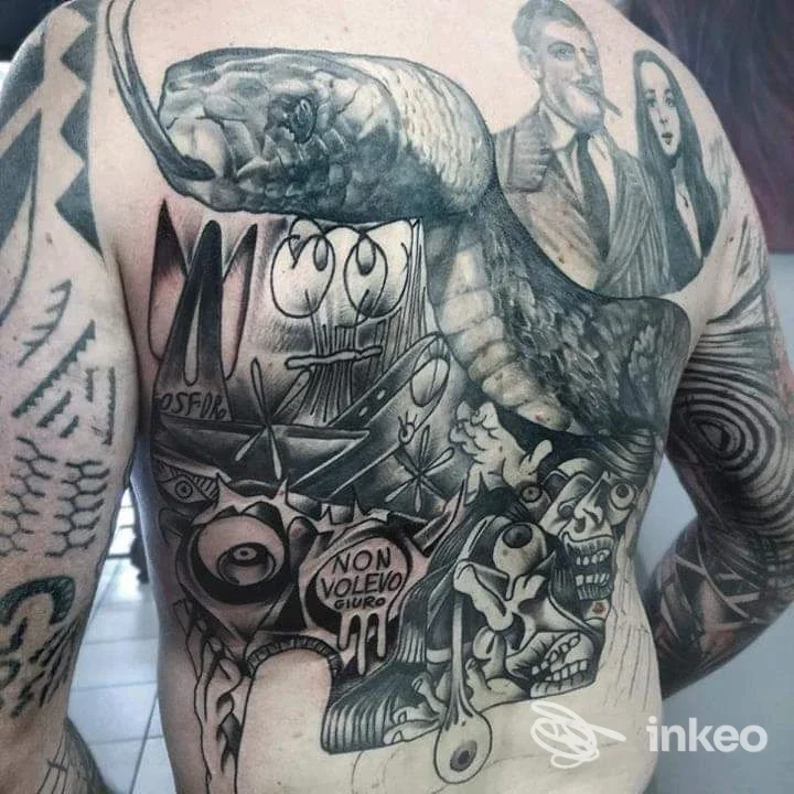 Grande tatuaggio sulla schiena con serpente e volti stilizzati, lavoro presentato da S.M.C Santa Margherita Crew Tattoo Studio, Alba.