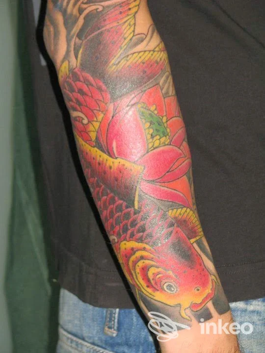 Tatuaggio a colori su avambraccio con carpa koi e fiore di loto, lavoro di Scarlet Skull Studio Tattoo Guglielmo a Moncalieri.
