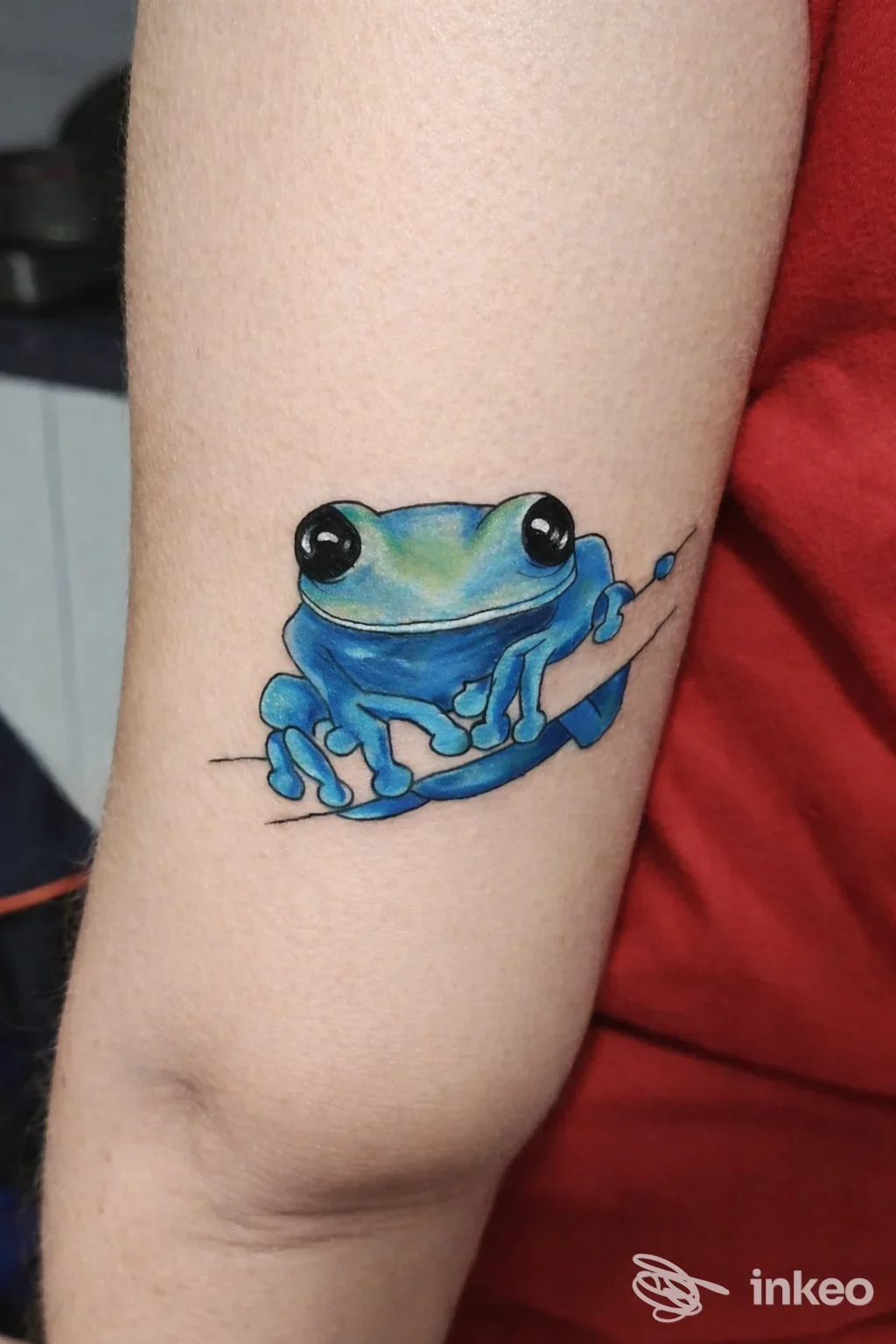 Tatuaggio di una rana blu-verde sul braccio (parte interna vicino al gomito), realizzato da Saretta Tattoo & Murales a Cuorgnè.