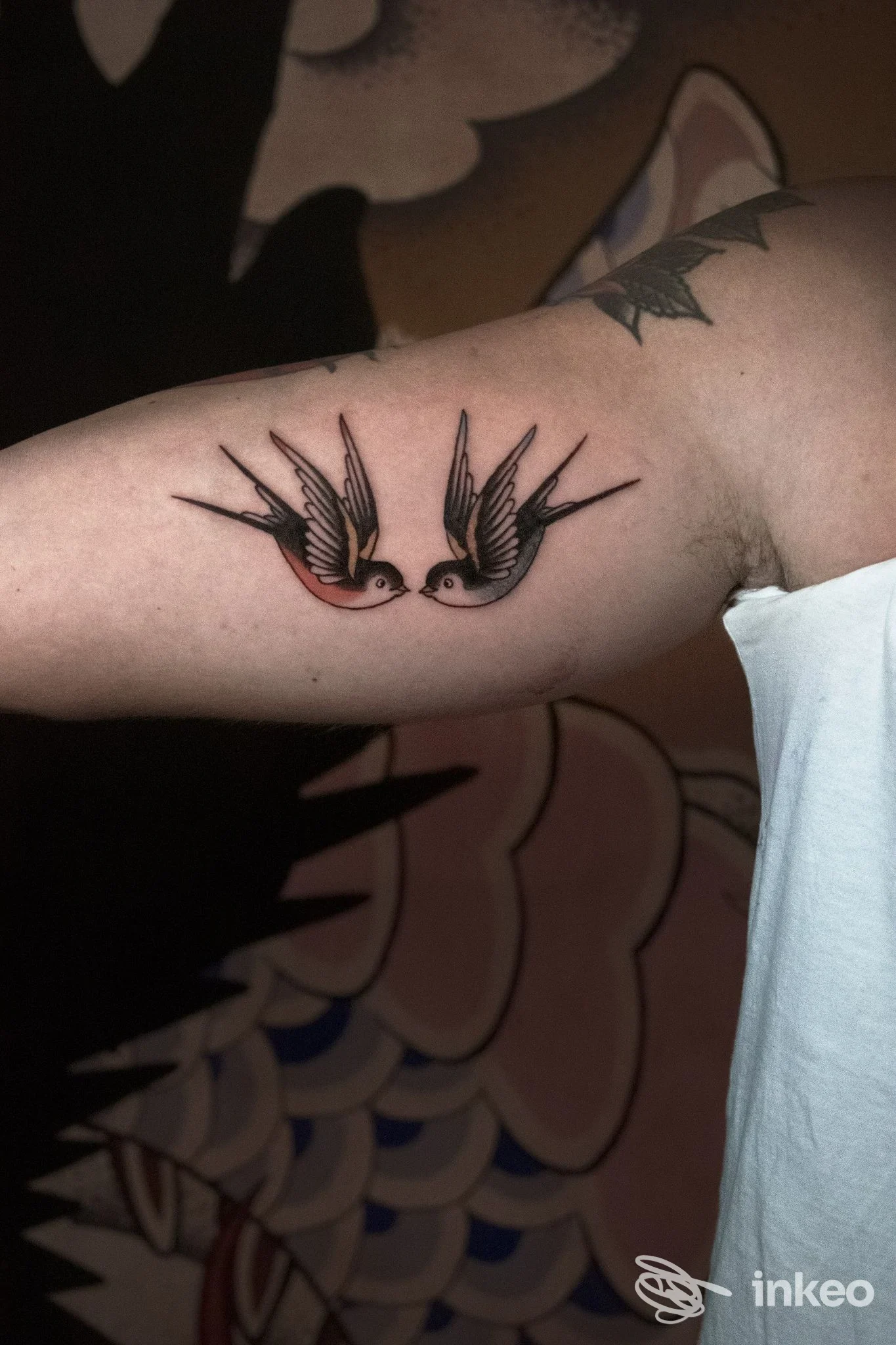 Due rondini tatuate sul bicipite interno, foto realizzata per Speakeasy Tattoo Club a Torino.