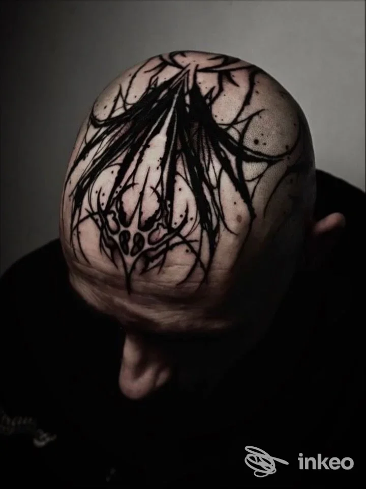 Tatuaggio nero esteso sulla sommità della testa di un soggetto; immagine fornita da SteVi Artist Tattoo, Torino.