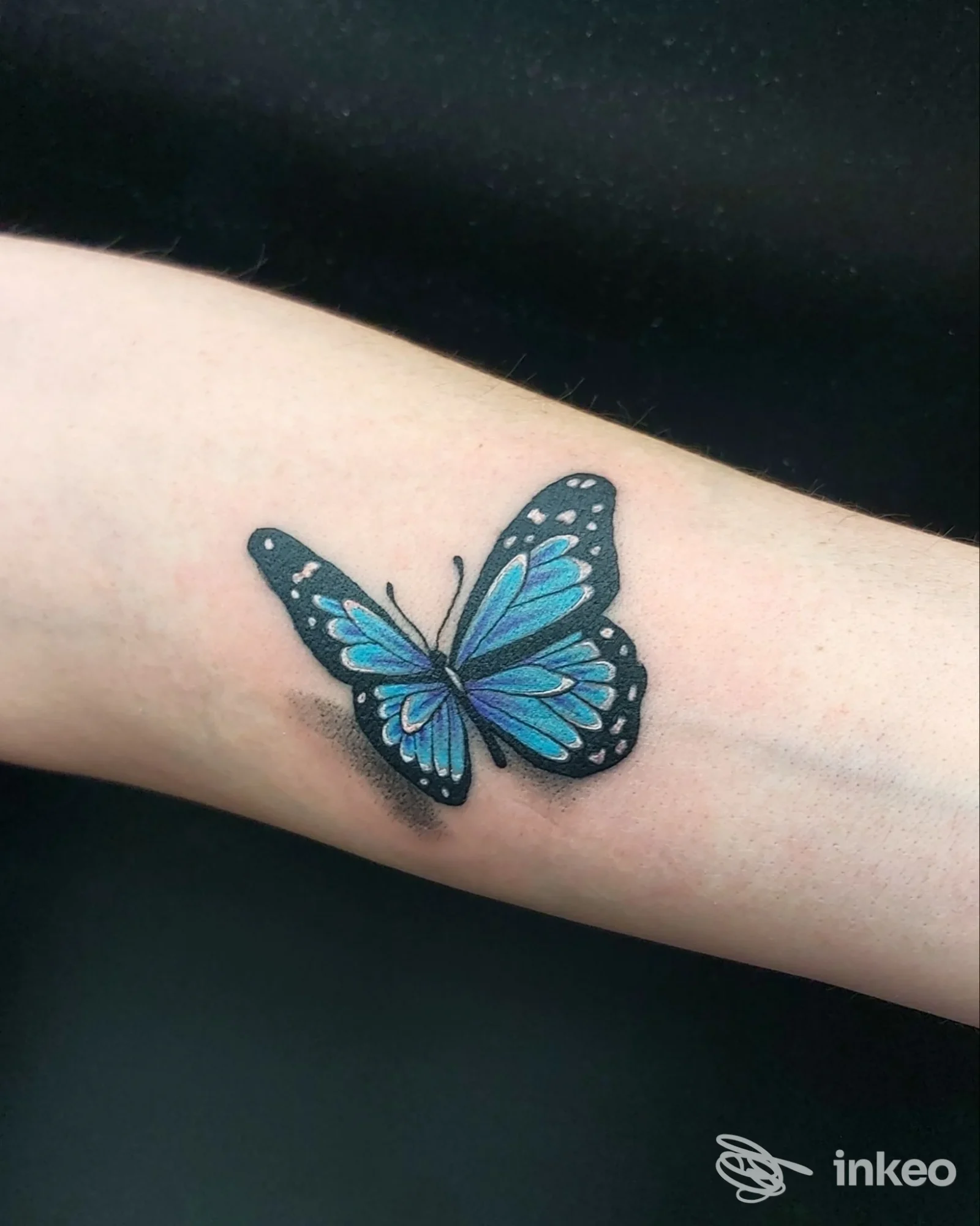 Tatuaggio a forma di farfalla blu e nera sull'avambraccio, realizzato da Strawberry Ink Tattoo Studio a Nichelino, dettaglio colori e linee.