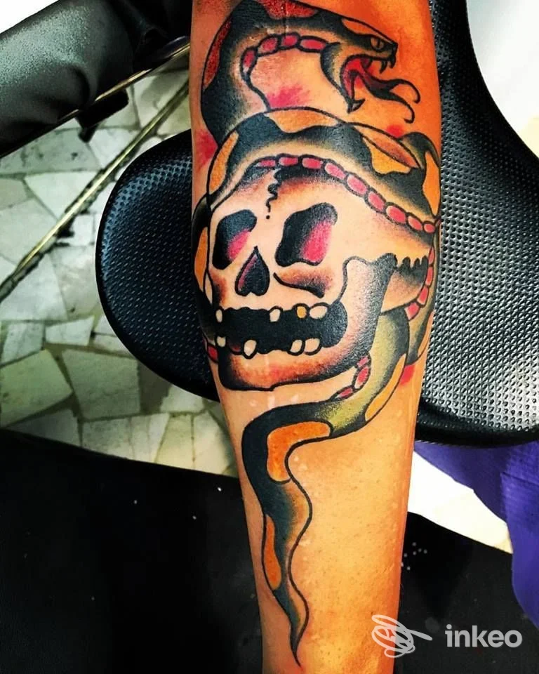 Tatuaggio tradizionale su avambraccio con teschio e serpente, immagine fornita da Tattoo Old Style by Johnny Cat, Torino.
