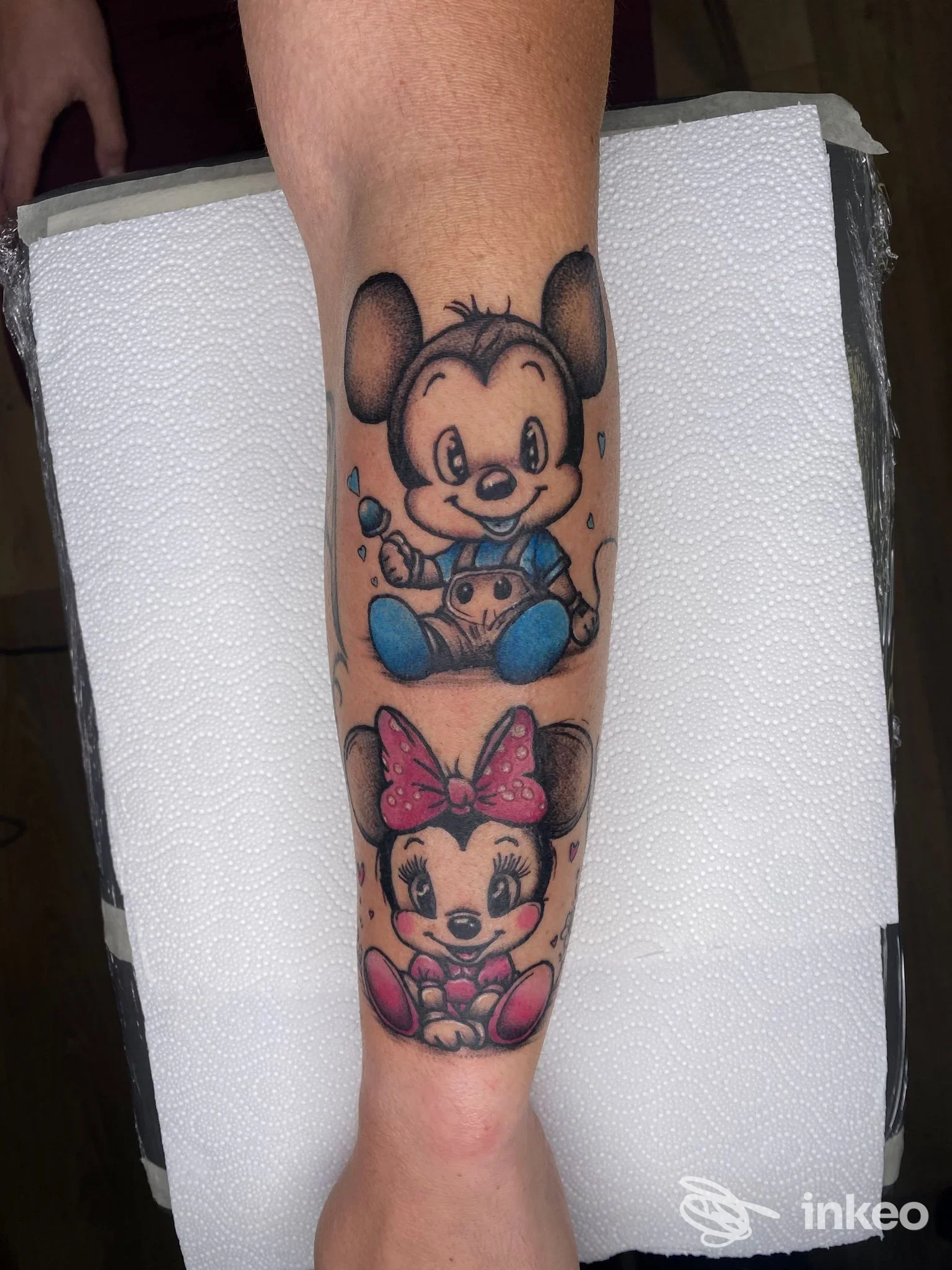 Avambraccio con due tatuaggi colorati in stile cartoon, foto fornita da Union Art Tattoo a Borgo San Dalmazzo.