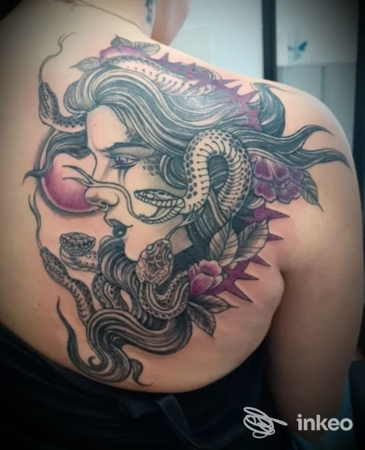 Tatuaggio grande su spalla e schiena superiore con volto femminile e serpenti, Art Tattoo di Roberto Mossino, Chiusa di San Michele.