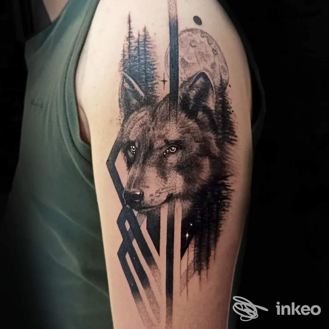 Tatuaggio realistico di testa di lupo con elementi geometrici sull'omero, ALKEMIK INK TATTOO - Castellamonte.