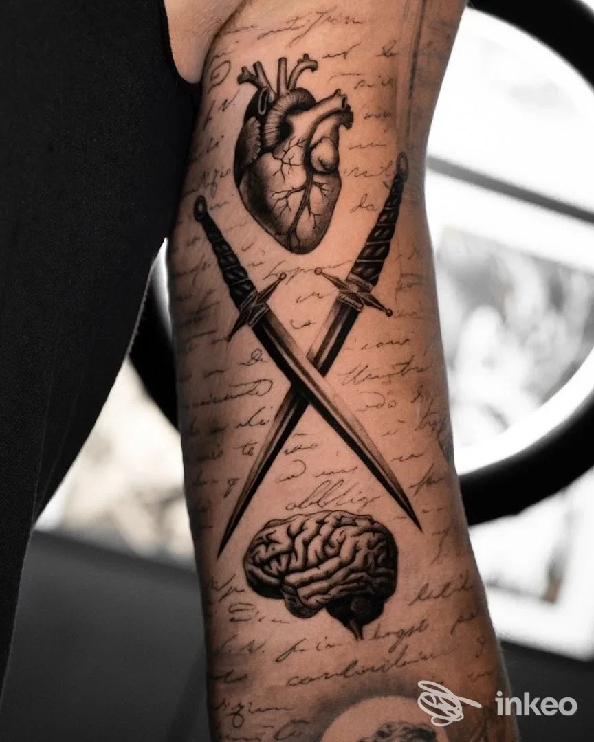 Primo piano di avambraccio tatuato con cuore anatomico, pugnali incrociati e cervello — Amygdala Tattoo Temple, Biella.