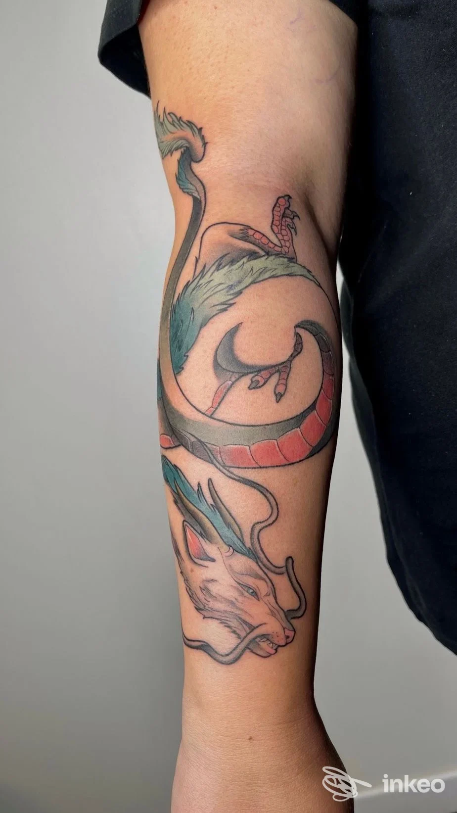 Tatuaggio drago a colori sull'avambraccio fotografato per Apomorphy Tattoo Gallery, Chieri.
