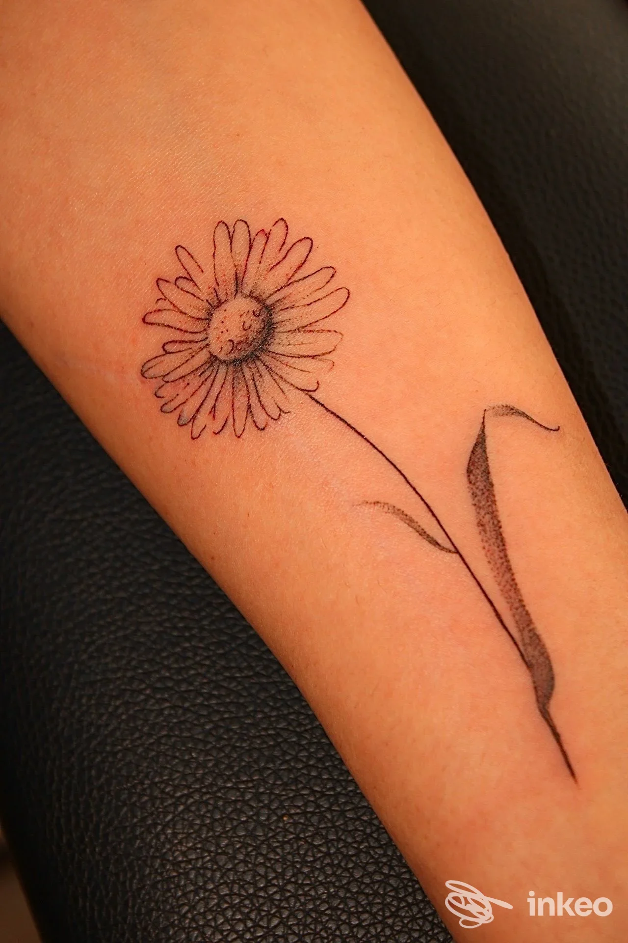 Tatuaggio a margherita in nero sull'avambraccio interno, foto per Dependencia tattoo piercing pmu, Grugliasco.
