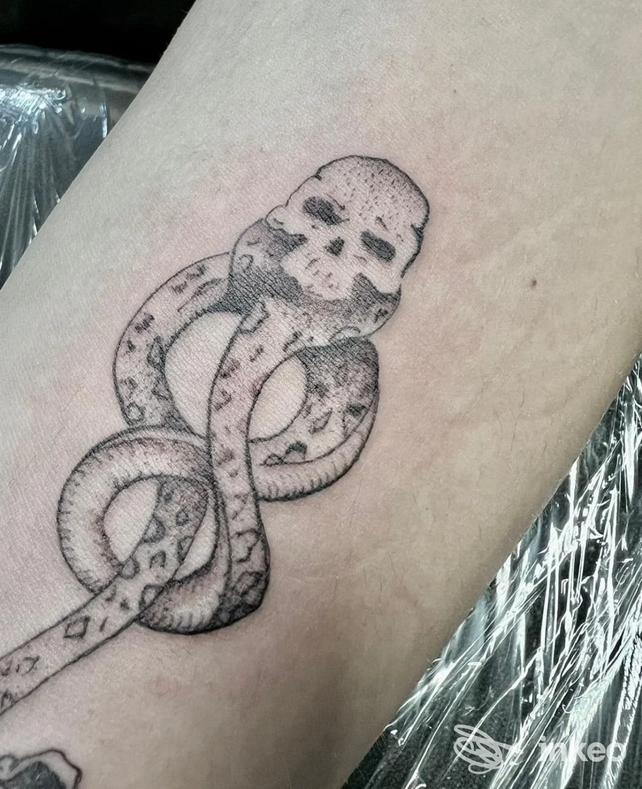 Tatuaggio in stile dotwork/blackwork di serpente intrecciato con teschio sull'avambraccio, Dependencia tattoo piercing pmu a Grugliasco.