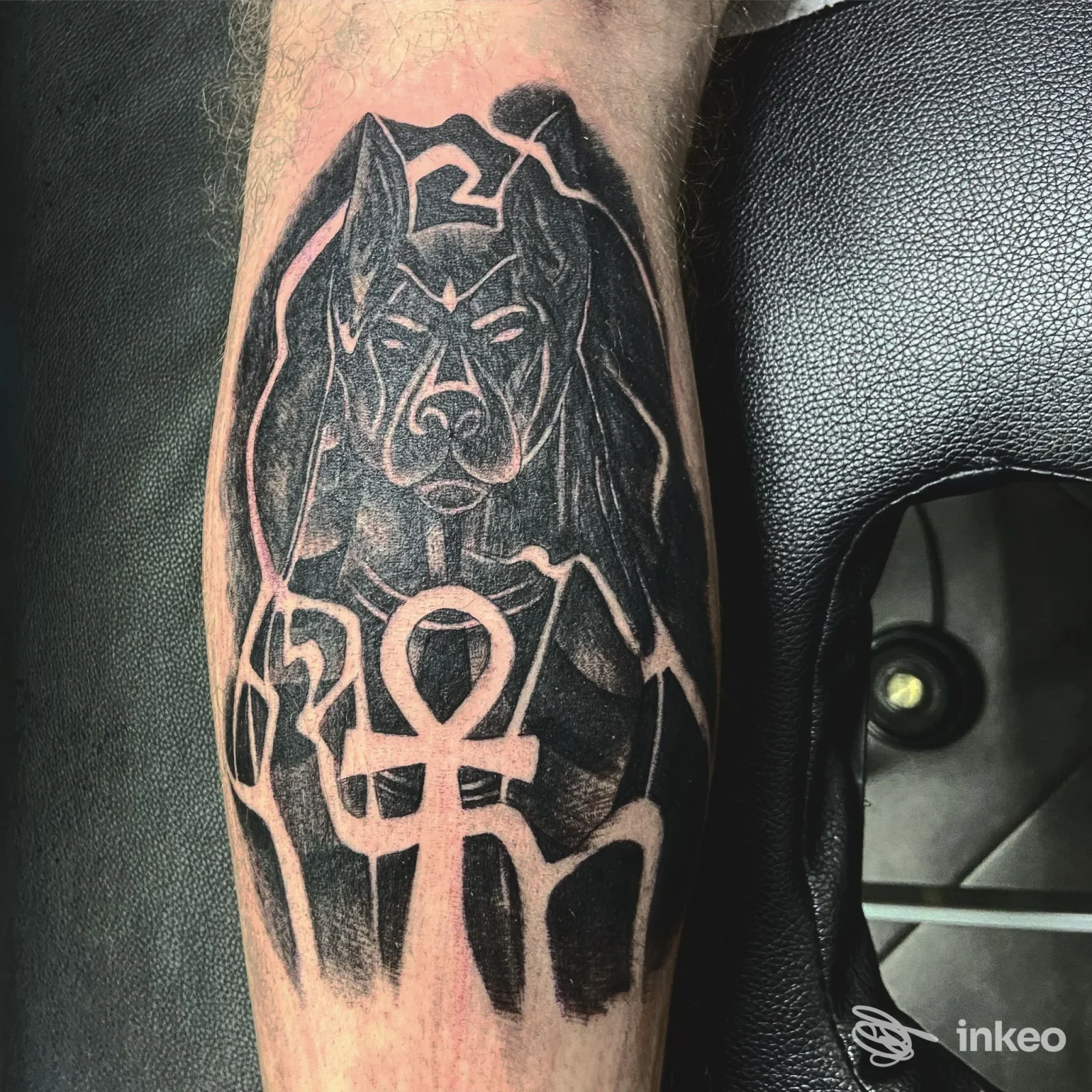 Tatuaggio nero a contrasto su avambraccio con figura di Anubi e ankh, scatto fatto nello studio Inkubus tattoo piercing a Rivarolo Canavese.
