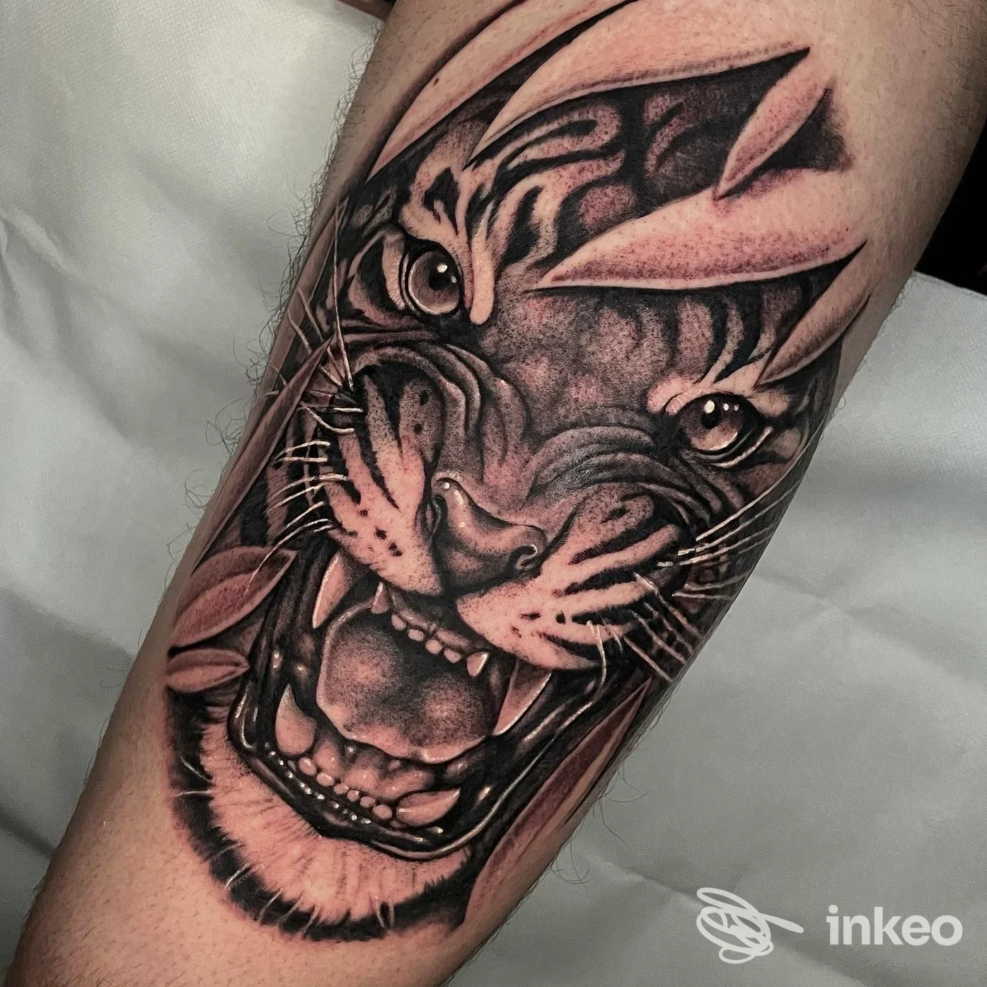 Tatuaggio realistico di una testa di tigre in bianco e nero sull'avambraccio, SIMOHOLY quality Tattoo&Piercing, Viverone.