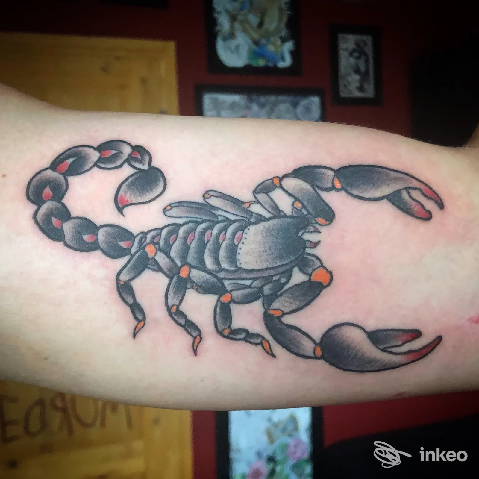 Tatuaggio a scorpione in nero e grigio con dettagli arancioni sull'avambraccio, fotografia fornita da Redrum Tattoo, Carpignano Sesia.