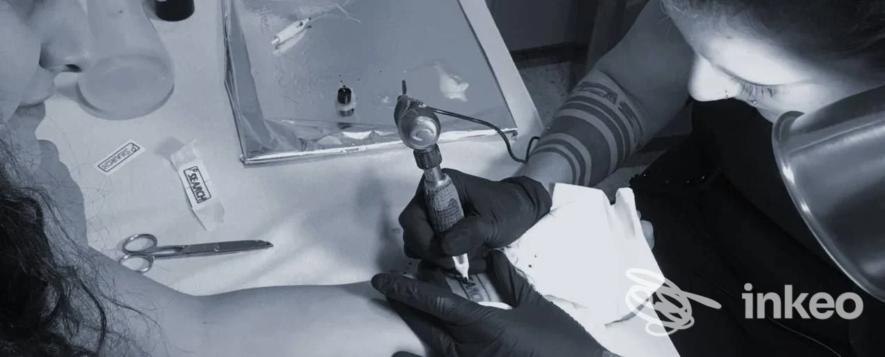 Tatuatore al lavoro sull'avambraccio di un cliente nello STUDIO UNDICI TATTOO a Gattico, dettaglio delle mani e della macchinetta.