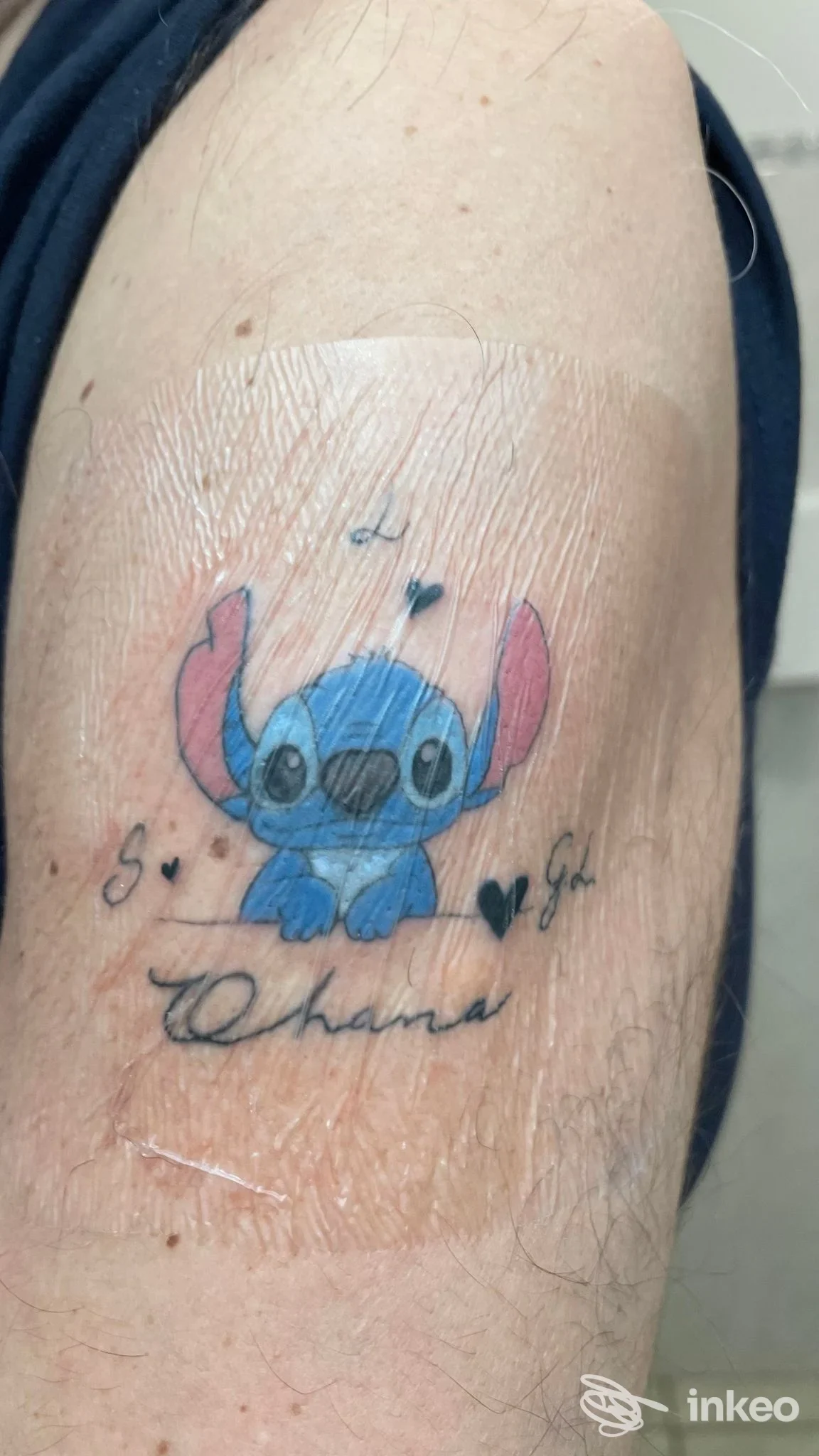 Tatuaggio colorato di Stitch con la scritta "Ohana" sul braccio, realizzato da Simmy Tattoo a Torino.