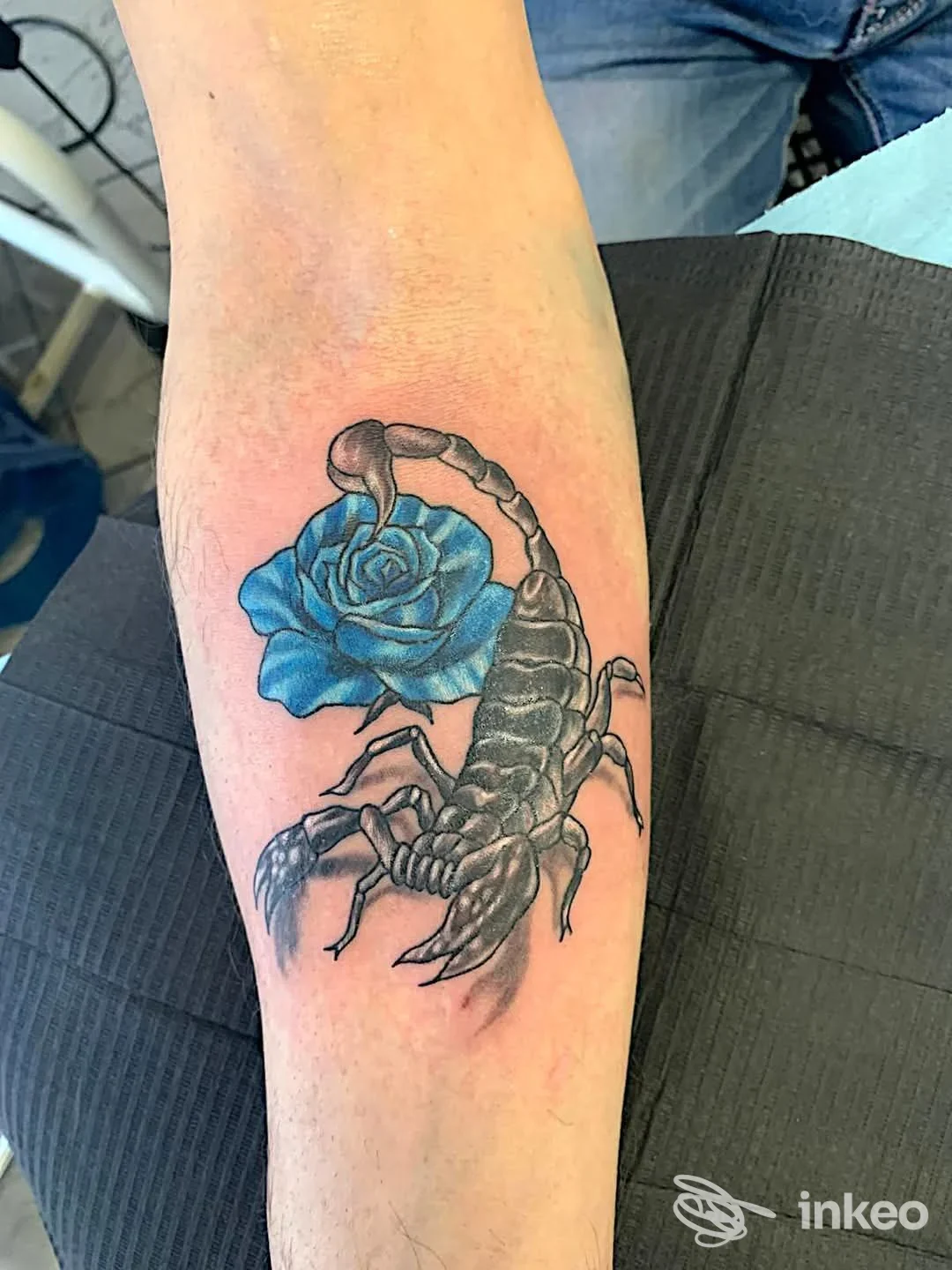 Avambraccio con tatuaggio di scorpione nero/grigio e rosa blu, lavoro fotografato realizzato da Tattoo Studio by Maury a Chivasso.