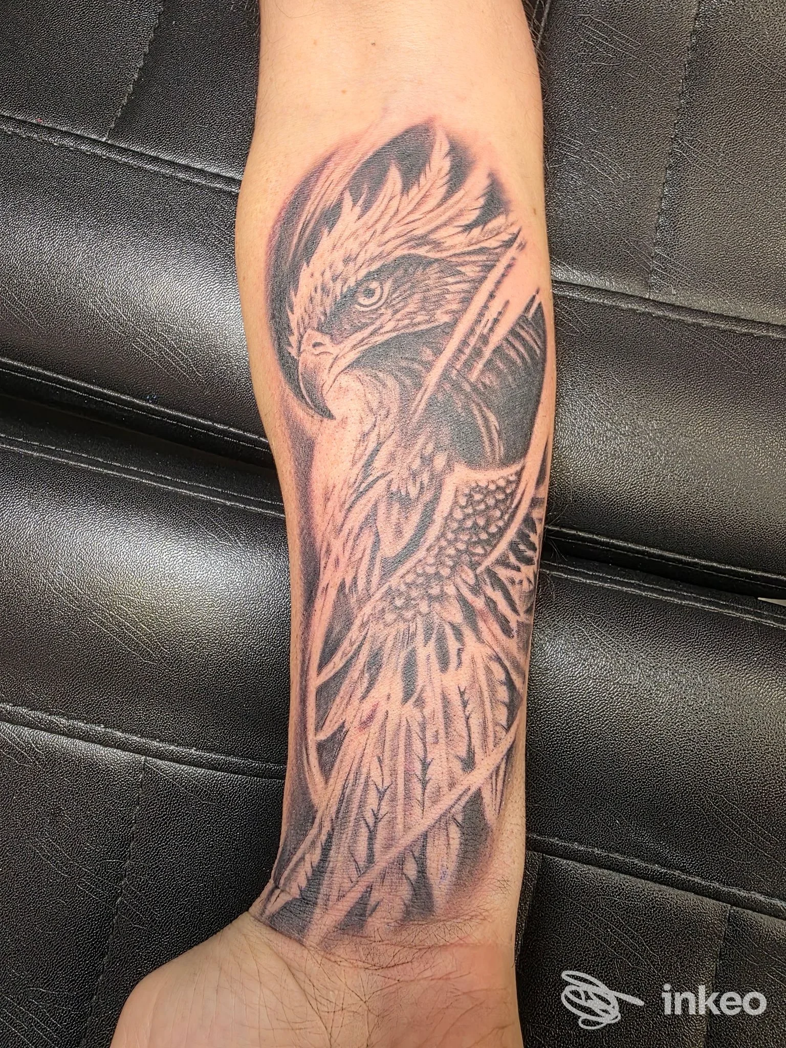 Tatuaggio aquila in bianco e nero sull'avambraccio eseguito da Tattoolook, Torino.