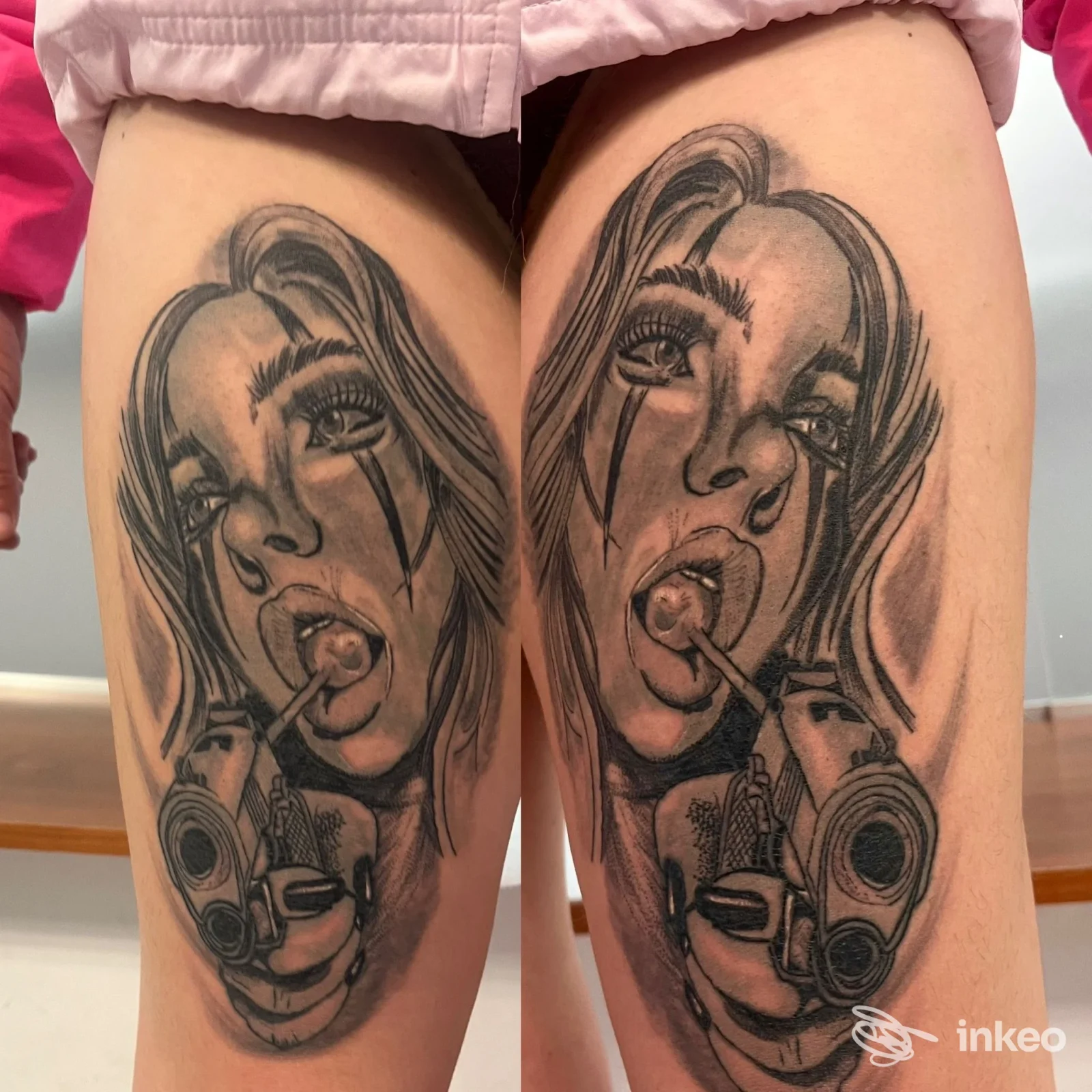 Due tatuaggi black-and-grey su entrambe le cosce raffiguranti volti femminili con lecca-lecca e pistole, Radici Tribali tattoo piercing, Andria.