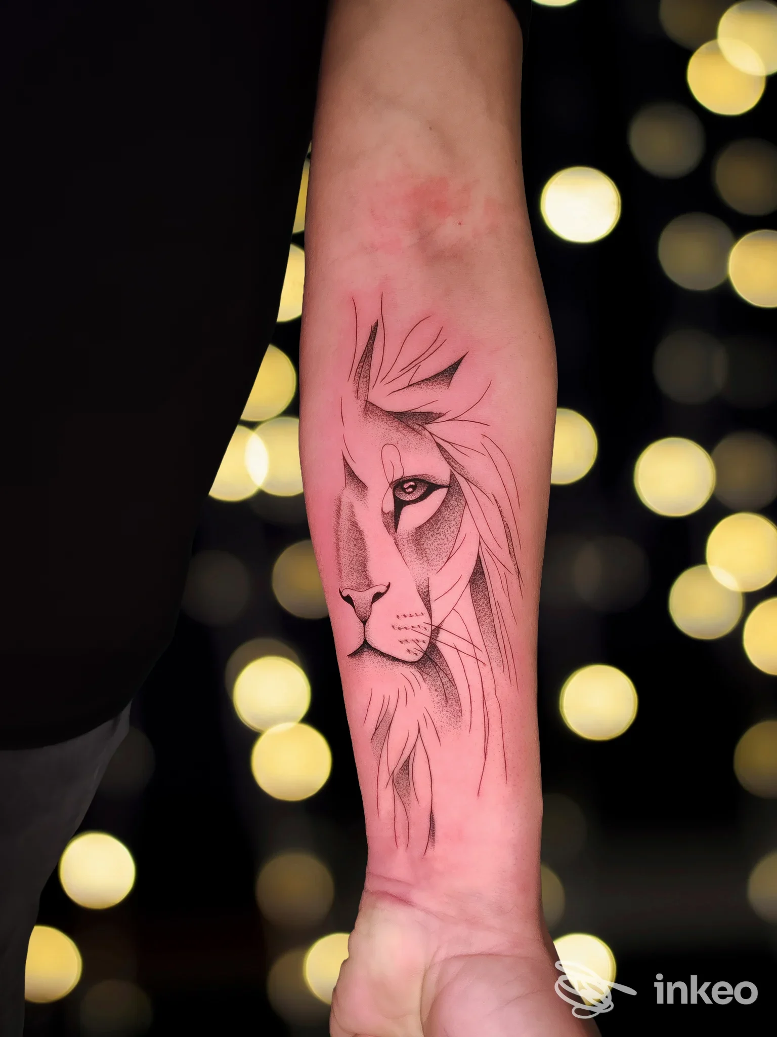 Tatuaggio su avambraccio: ritratto stilizzato di leone in linee nere sottili e tratteggio, immagine fornita da Sevenink Tattoo Taranto, Taranto.