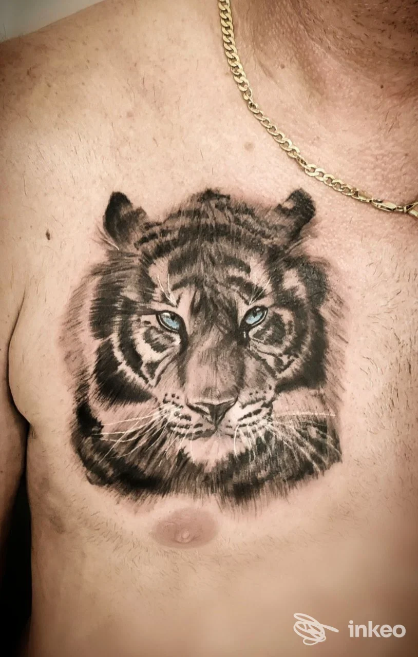 Tatuaggio realistico di una testa di tigre sul petto, foto inviata da Sevenink Tattoo Taranto, città di Taranto.