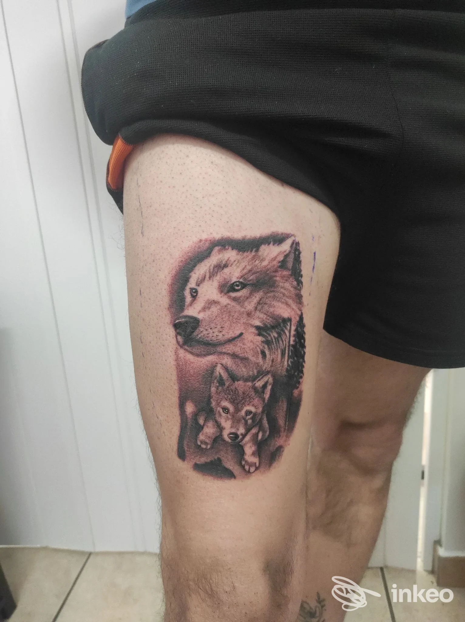 Tatuaggio su coscia destra con due lupi realistici in black & grey, realizzato da Skin And Needles Tattoo a Copertino.