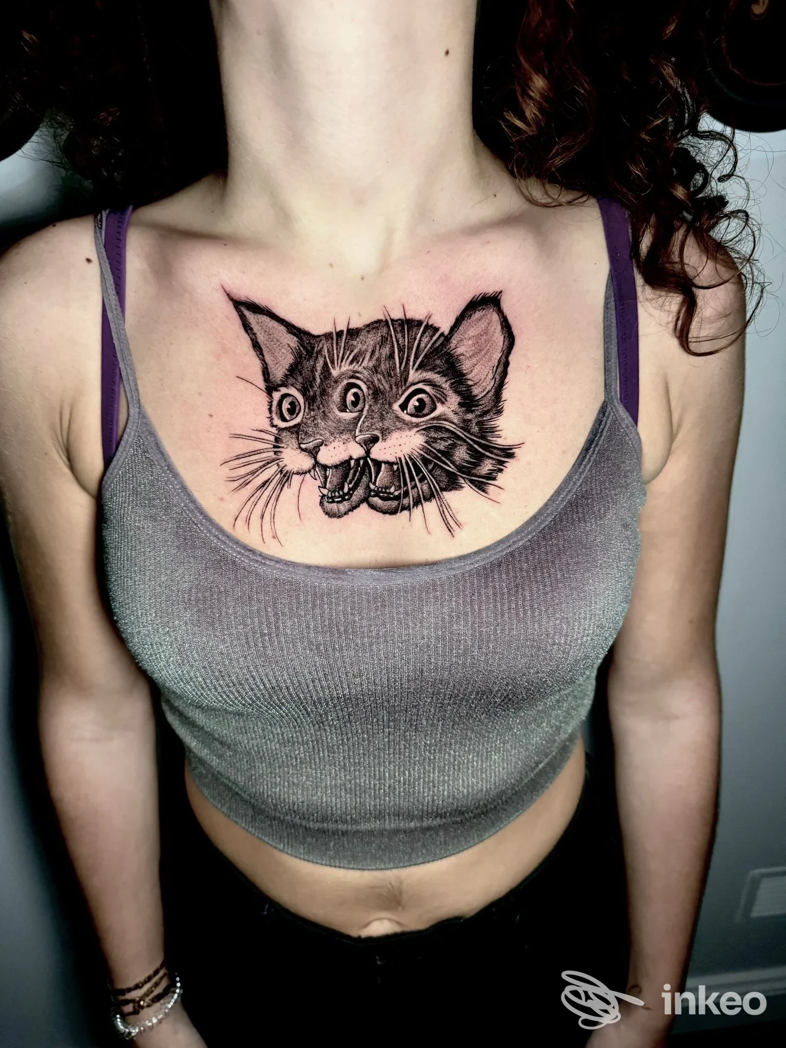 Tatuaggio in bianco e nero della testa di un gatto sullo sterno, realizzato da Spaccio Tattoo a Triggiano.
