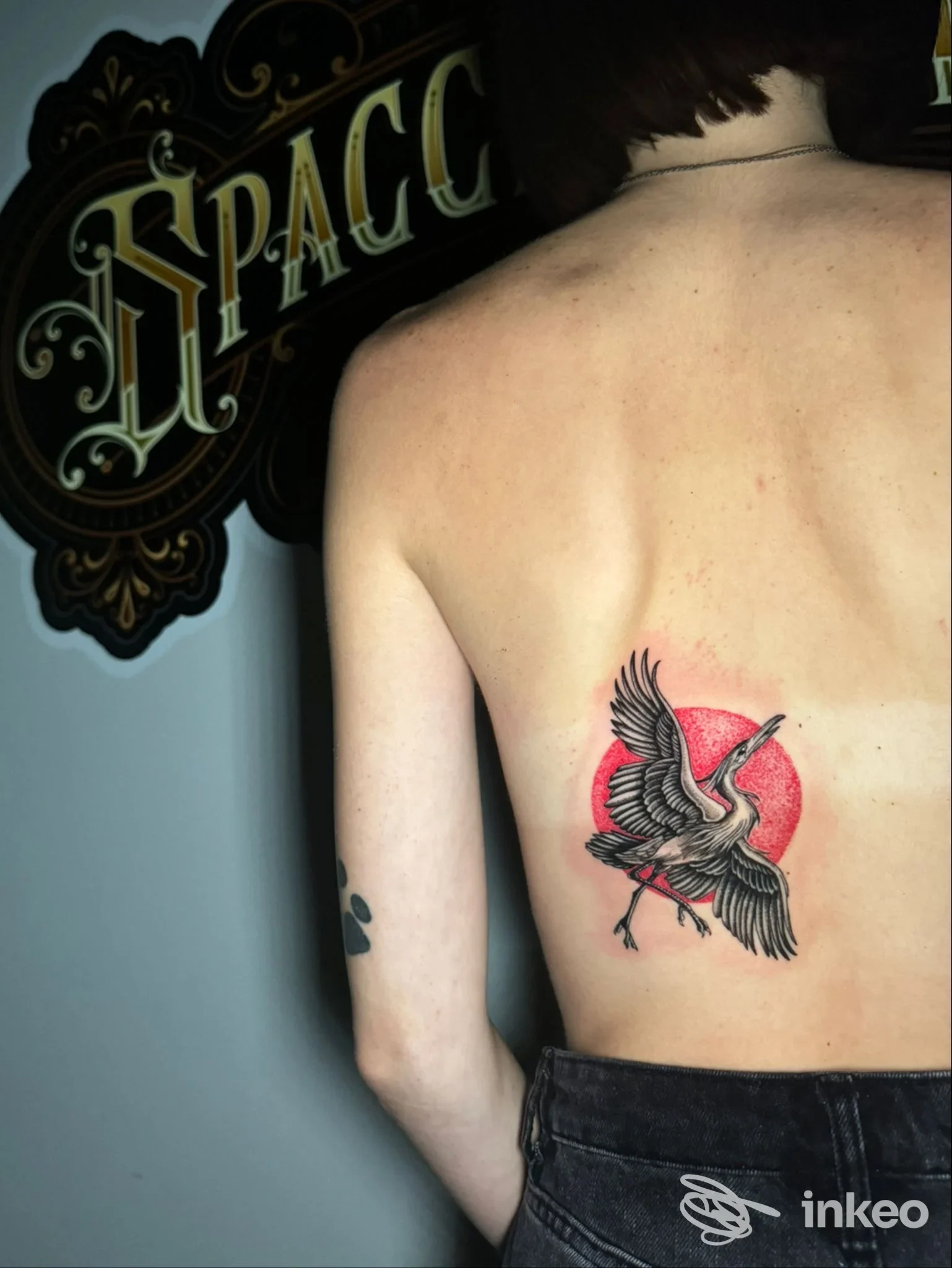 Tatuaggio di una gru con disco rosso sul lato sinistro della schiena di una persona, Spaccio Tattoo, Triggiano.