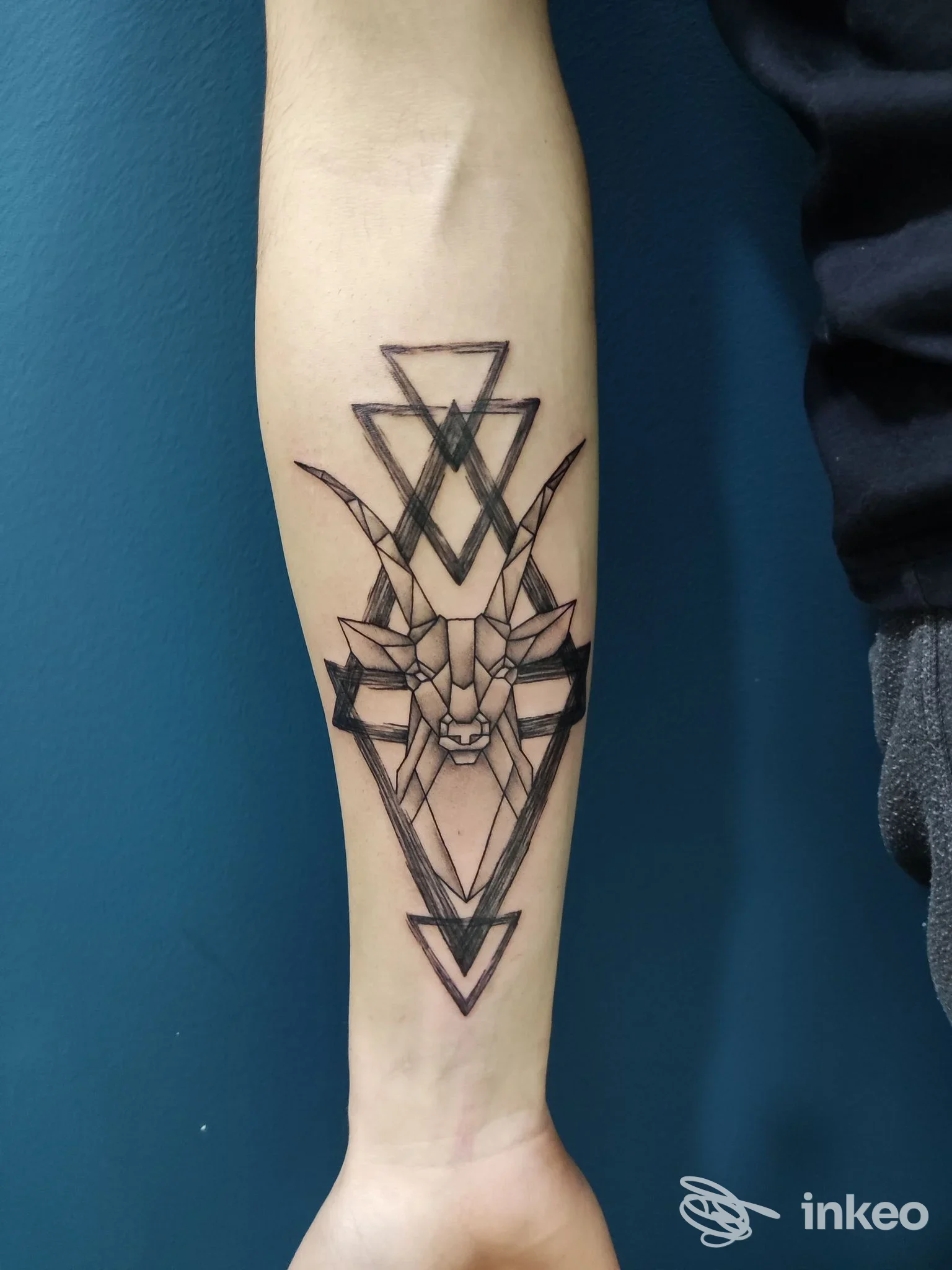 Tatuaggio geometrico a testa di capra sull'avambraccio, linee nere nette e riempimenti grigi — Time Of Tattoo, Taviano.