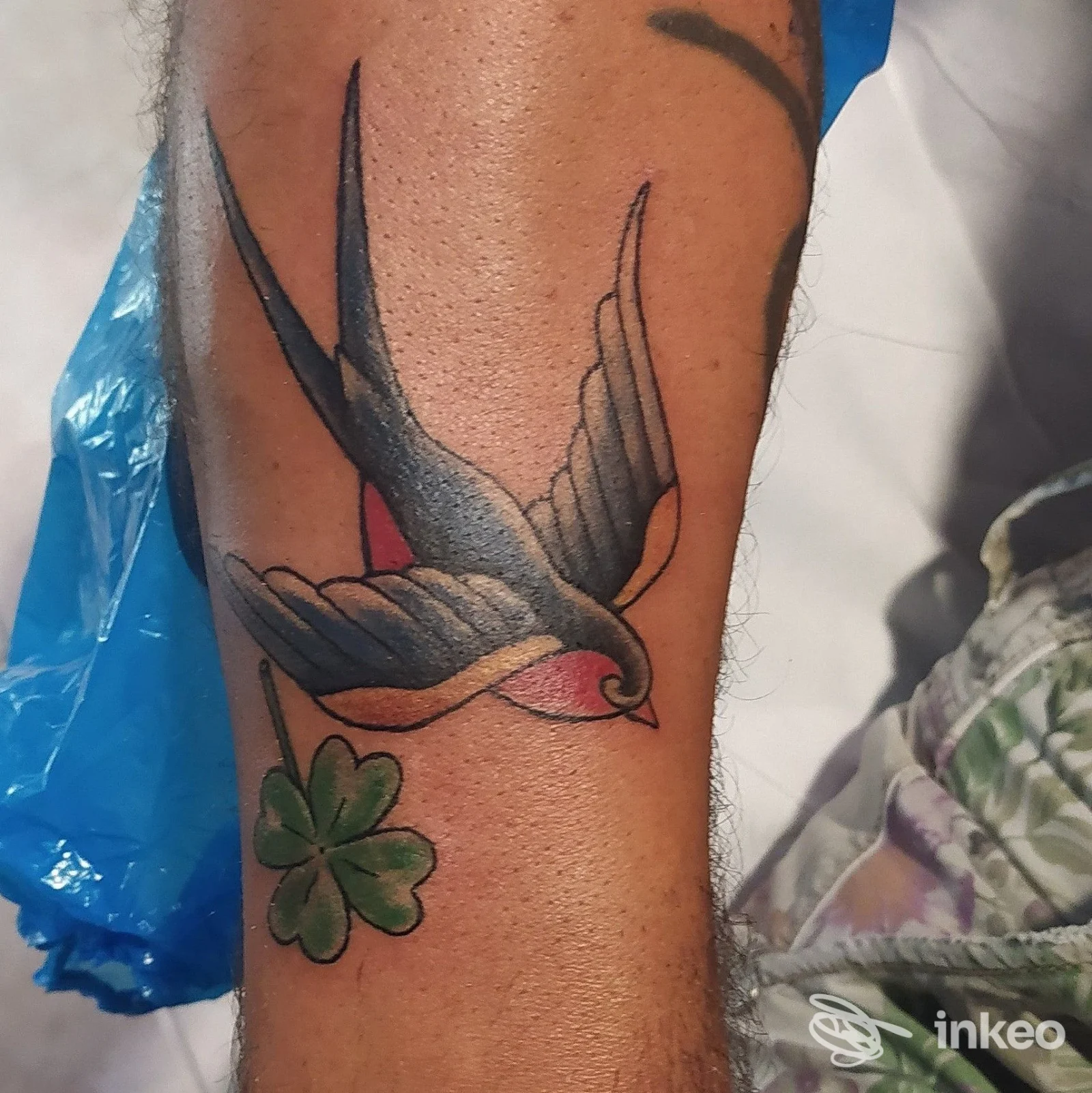 Tatuaggio su avambraccio raffigurante una rondine in volo e un quadrifoglio, realizzato da Xois Tattoo Studio a Manduria.