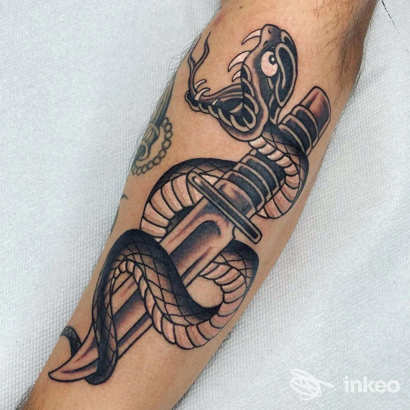 Tatuaggio di serpente avvolto attorno a un pugnale sull'avambraccio — Antipop Tattoo, Foggia.