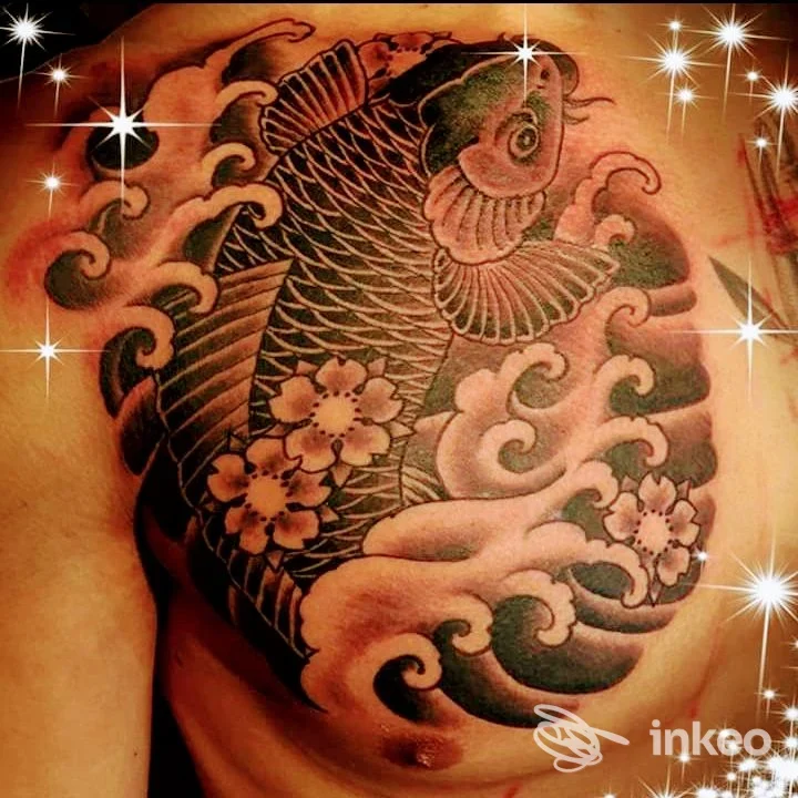 Grande tatuaggio tradizionale di carpa koi con onde e fiori sul petto, fotografato per AreaLoft Tattoo Lab a Martina Franca.